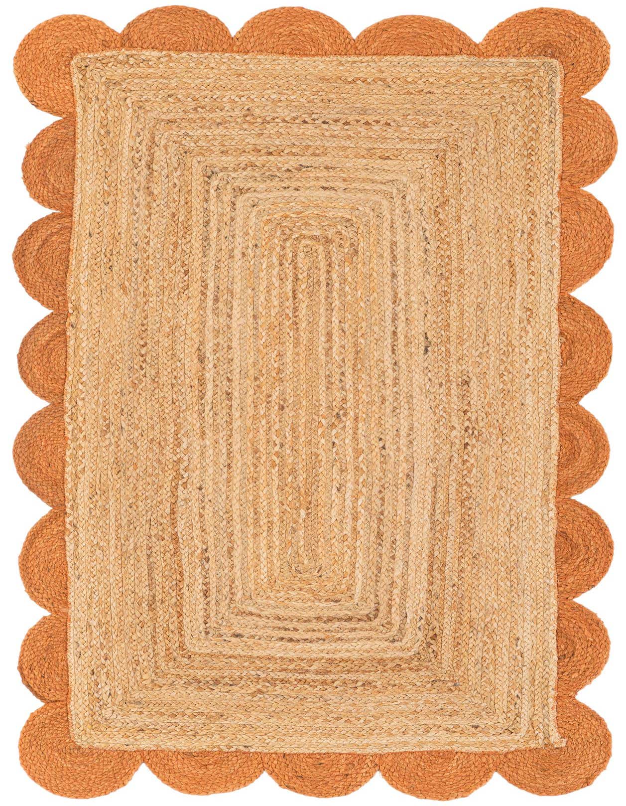 A 3x5 rectangular natural jute rug with a distinctive terracotta scallop border, perfect for an entryway or kitchen.