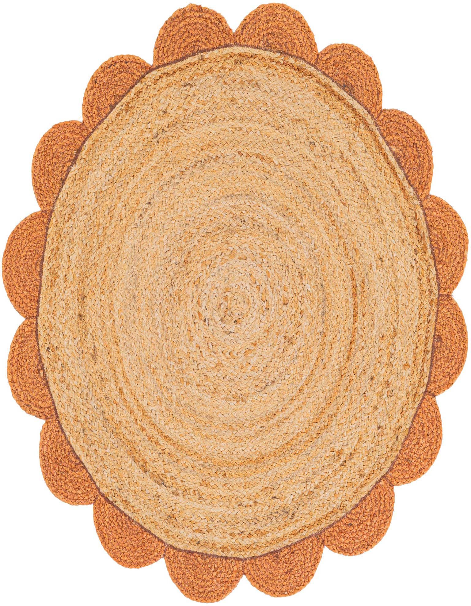 A round, braided jute rug in natural tones with a distinctive terracotta scalloped border, perfect for adding a modern touch.