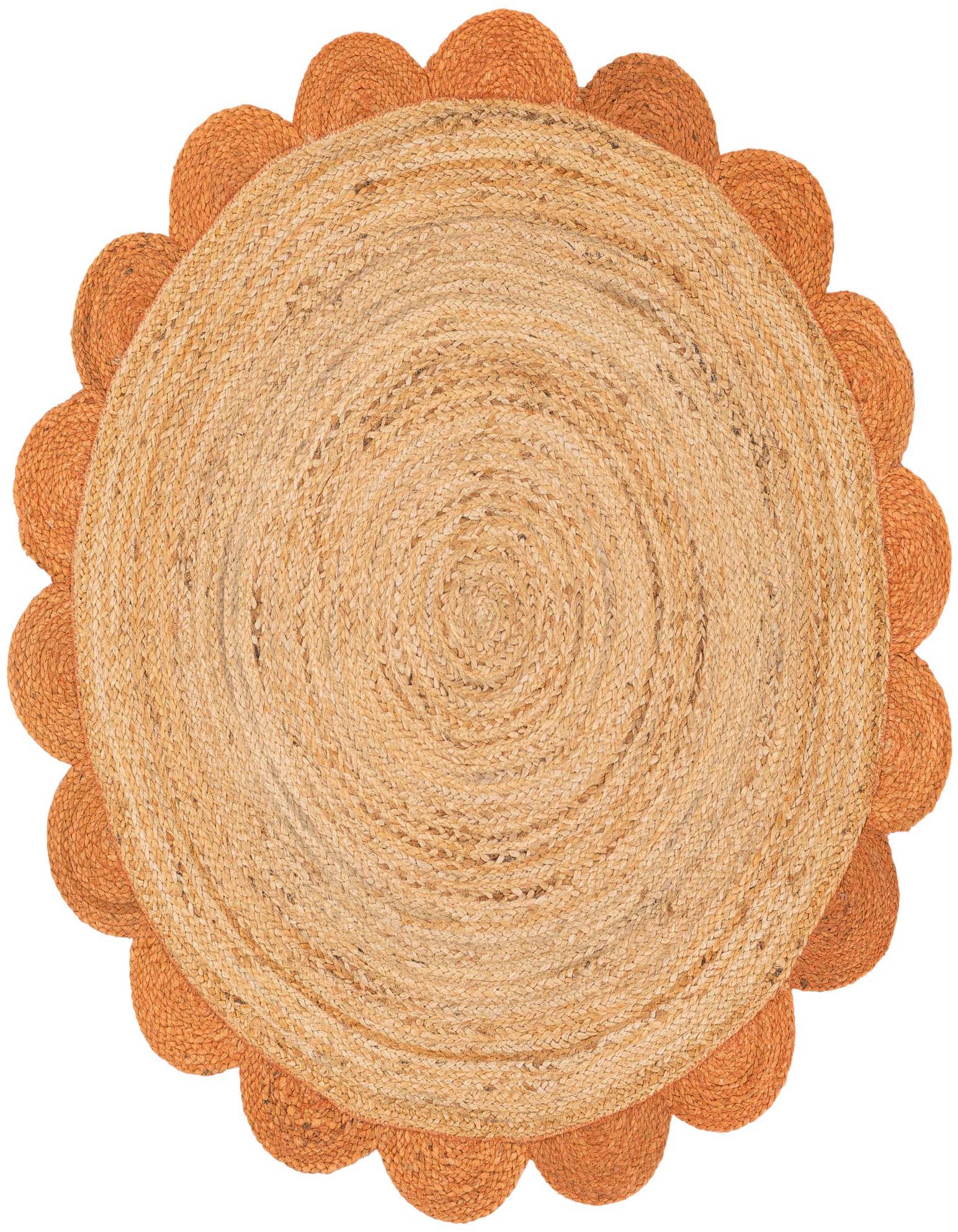 A round, natural braided jute rug with a terracotta scalloped border, perfect for adding a modern touch to any indoor space.