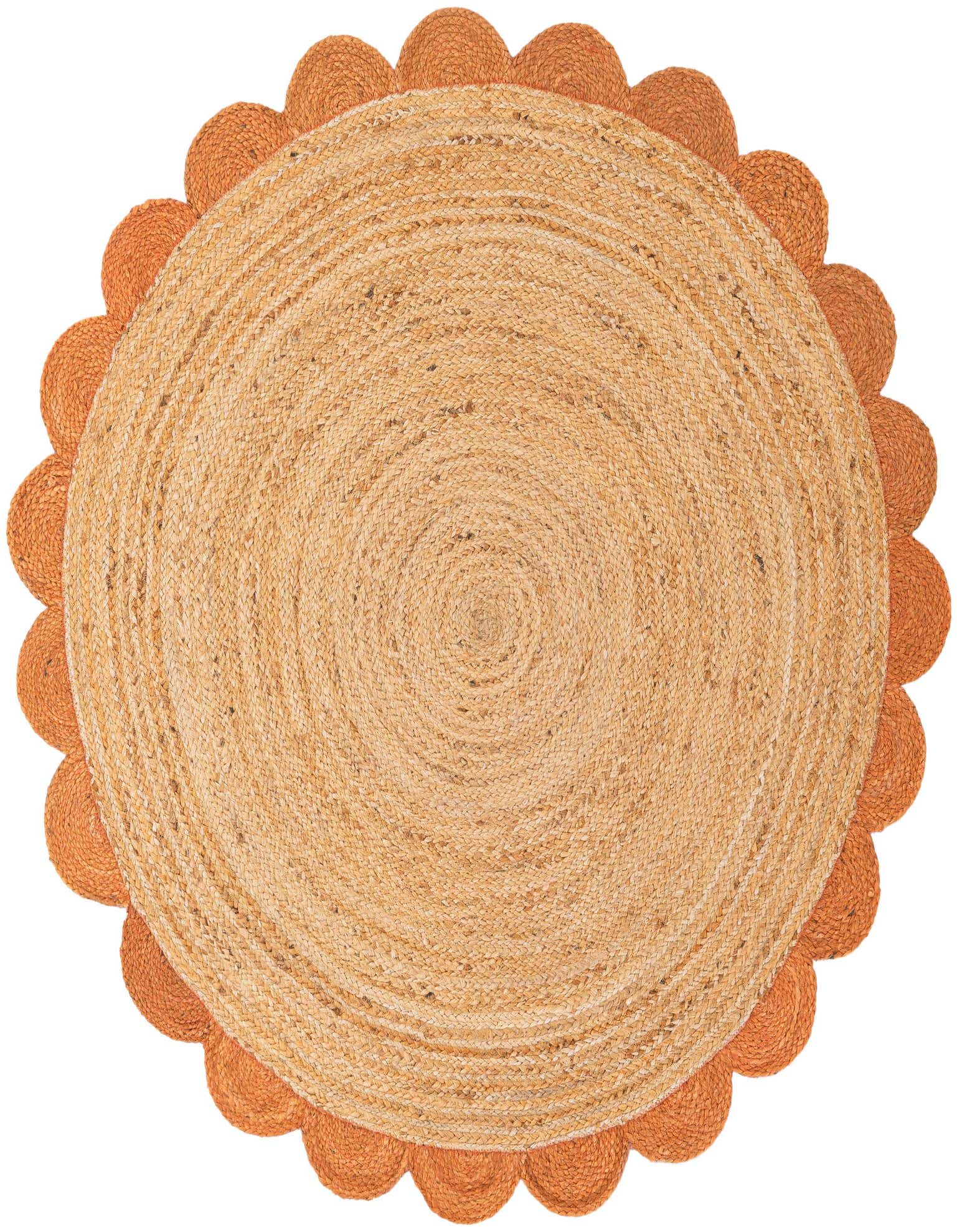 A 5' 1 round natural jute rug with a terracotta scallop border, featuring a braided texture.