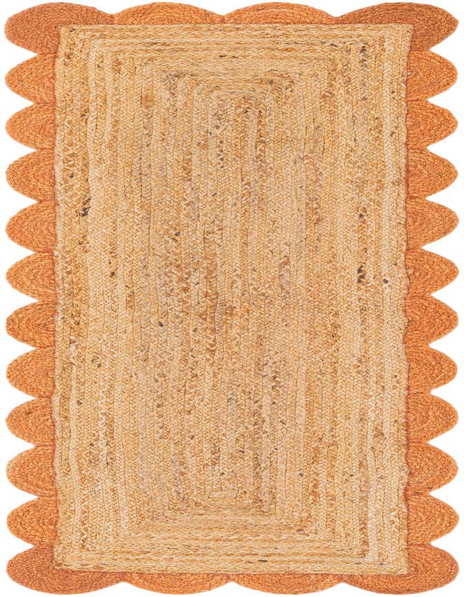 A 6 ft runner rug made of natural braided jute with a distinctive terracotta scalloped border, perfect for a hallway or kitchen.