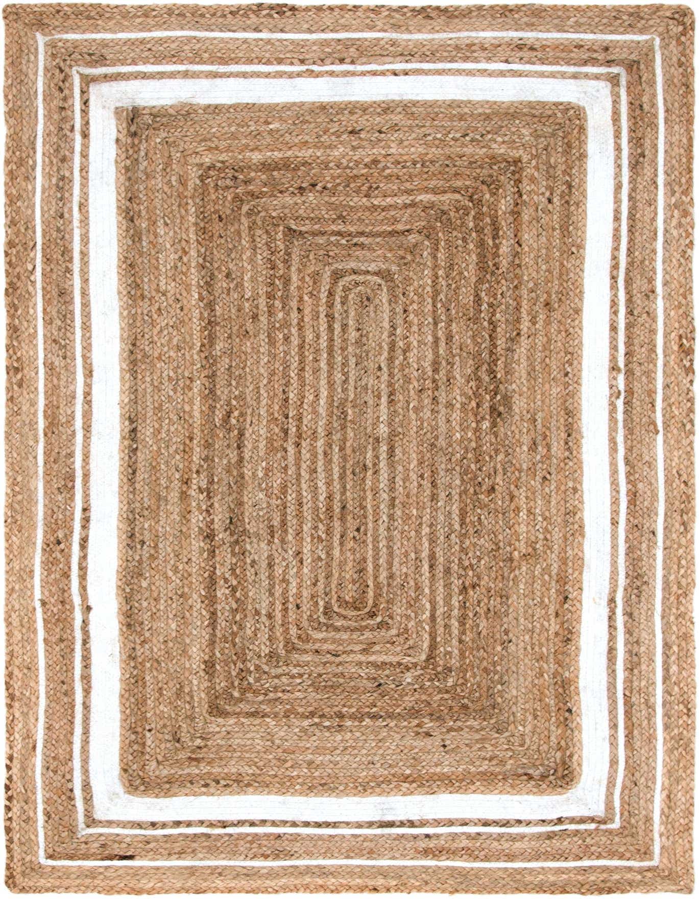 A 4x6 rectangular braided jute rug with natural brown tones and a clean white border, suitable for a living room.