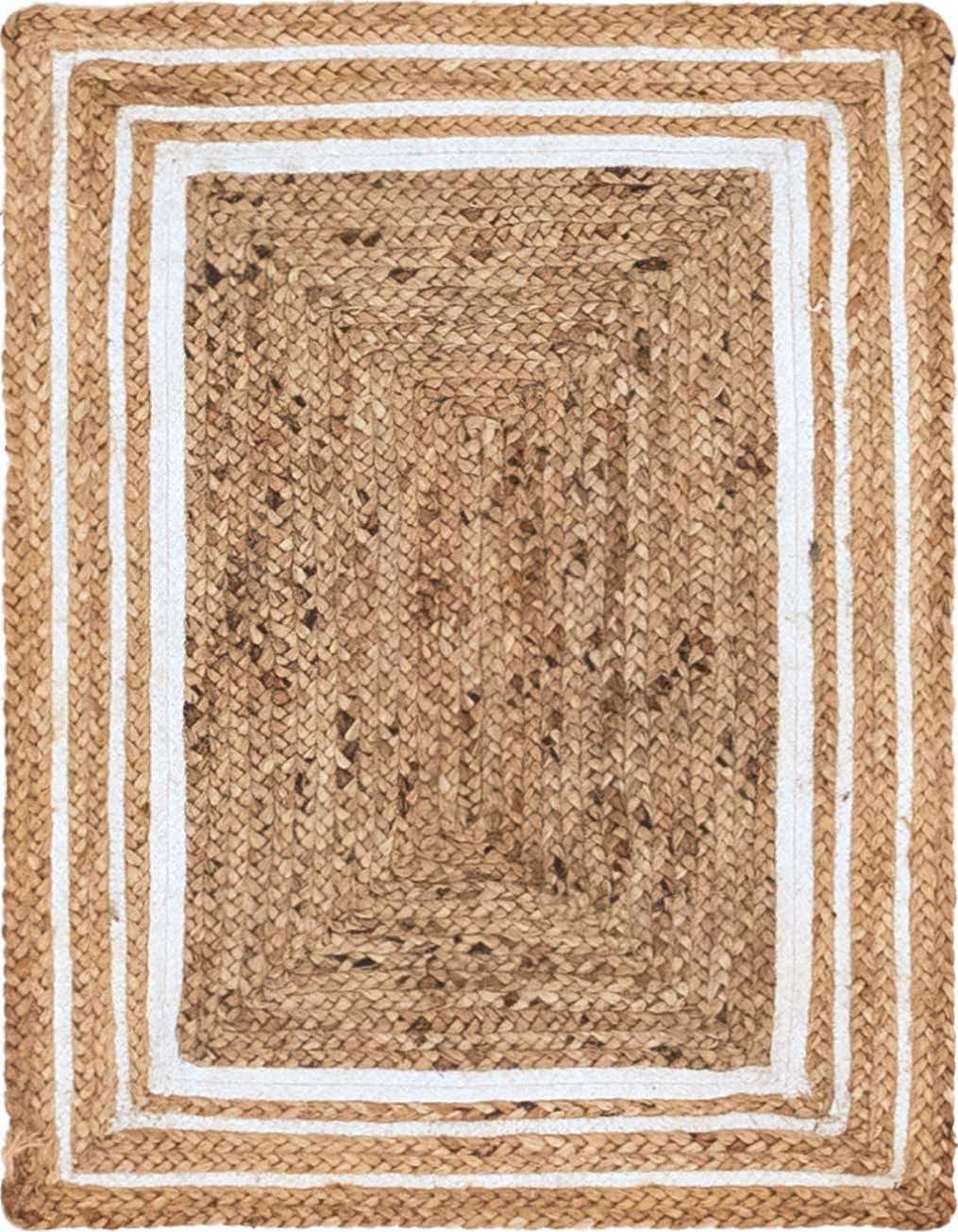 A 2x3 rectangular natural jute rug with braided texture and two white border stripes, perfect for a minimalist or coastal indoor space.