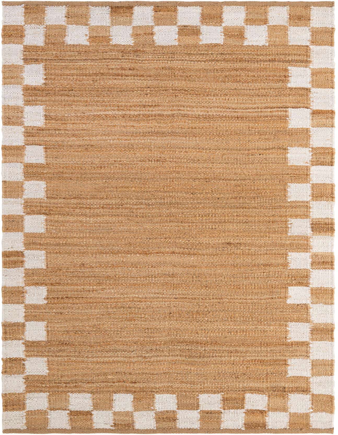 A 5x8 rectangular jute rug featuring a natural brown center and a border of alternating white and brown checkerboard squares.