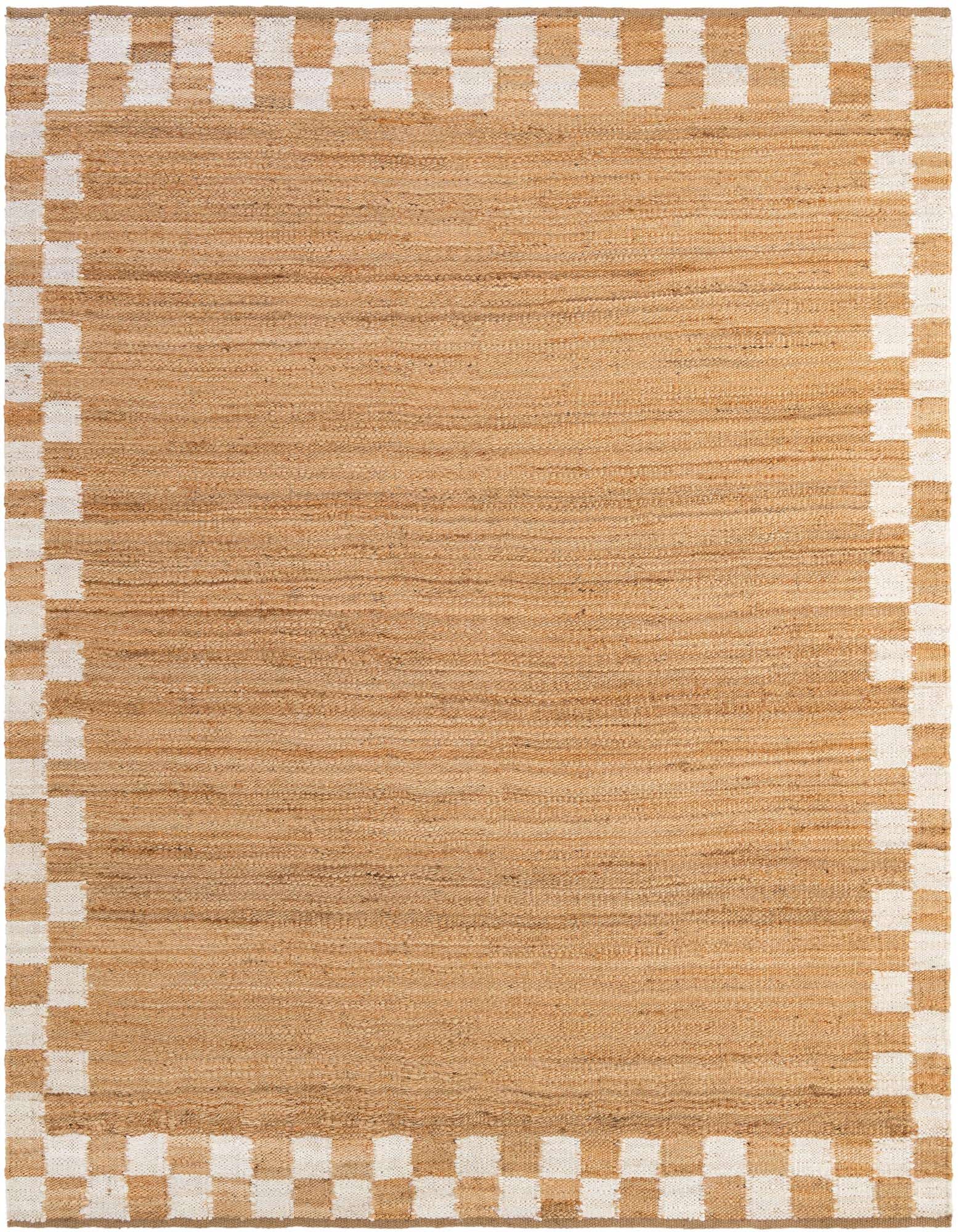 A rectangular 8x10 natural jute area rug with a checkered border in brown and ivory, suitable for a living room.