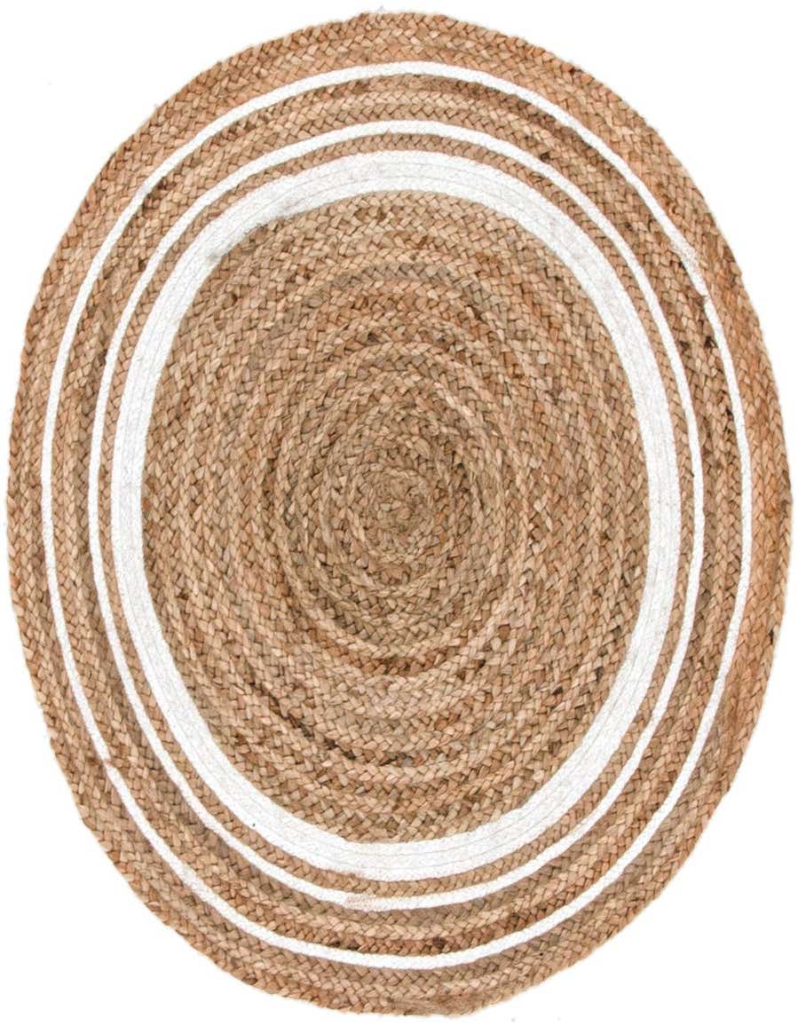 A round, braided jute rug in natural brown tones with three concentric white stripes, showcasing its textured, flatweave design.