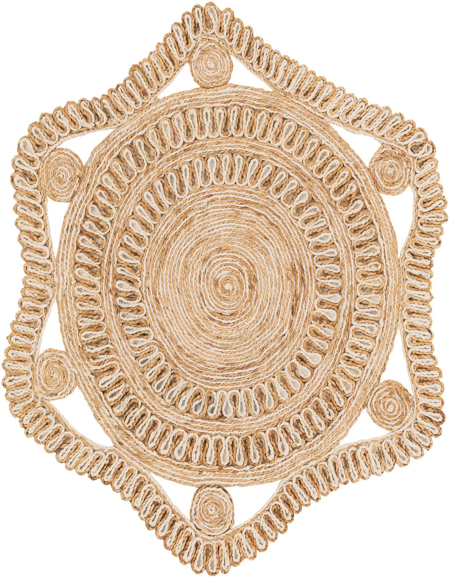 A 4' 1" round natural jute rug with a modern braided pattern in browns, tans, and creams.