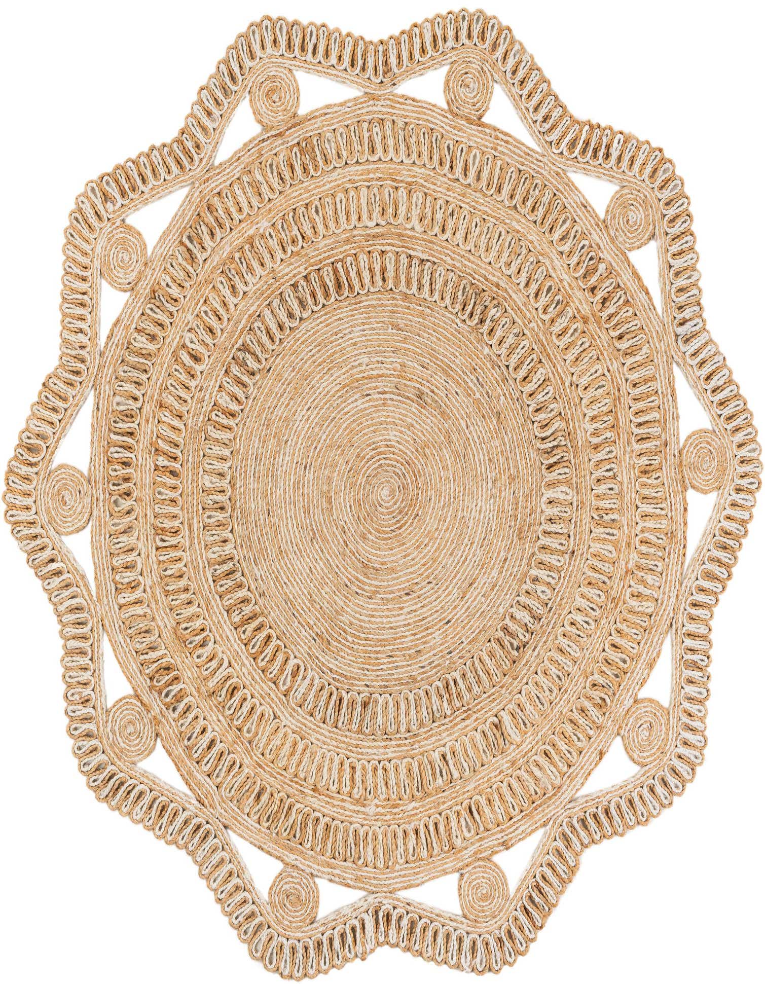 A round 6' 1 x 6' 1 natural jute rug with concentric braided patterns and a decorative scalloped edge.