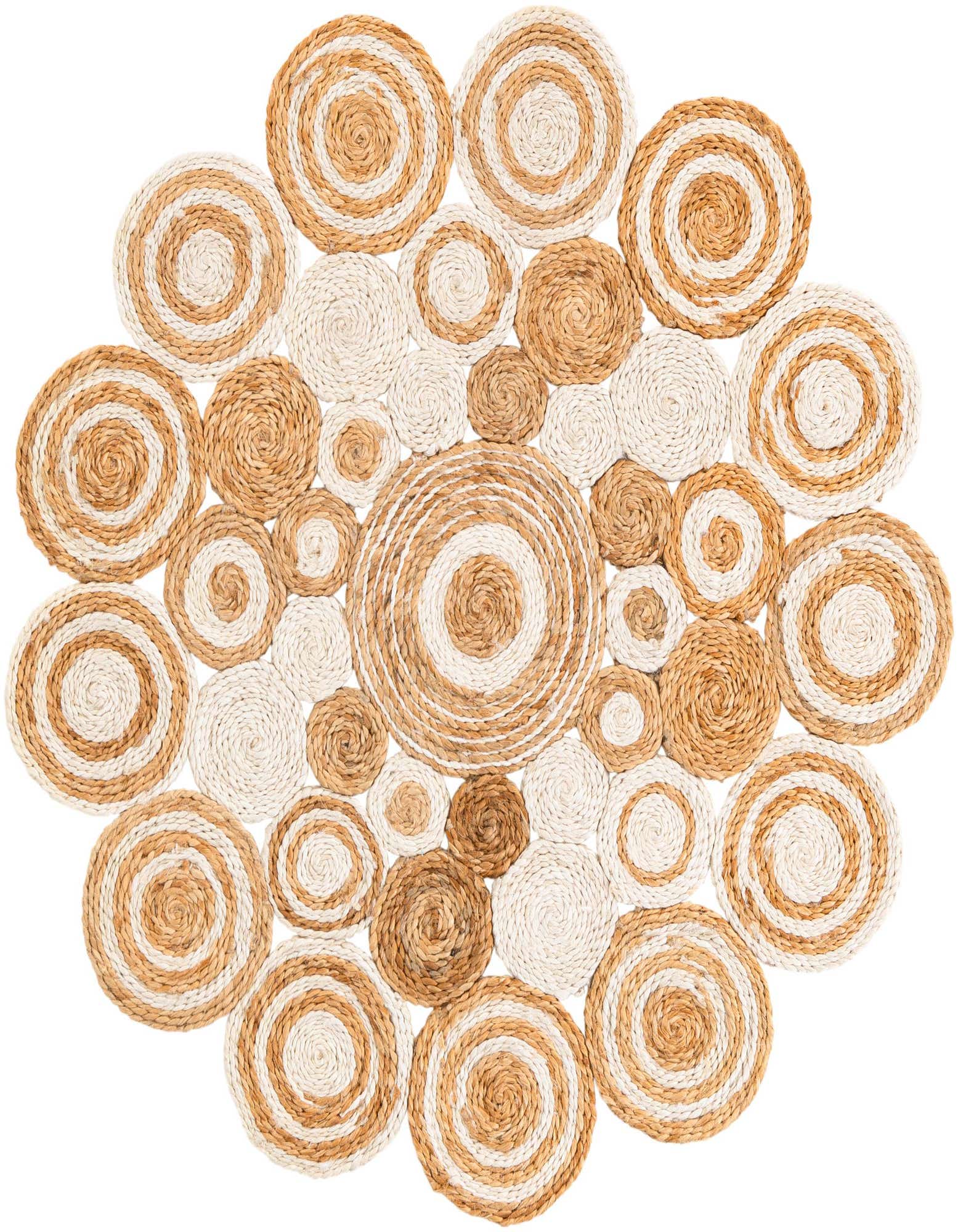 A round, natural jute rug featuring various sized circular braids in brown and cream, creating an abstract, textured pattern.