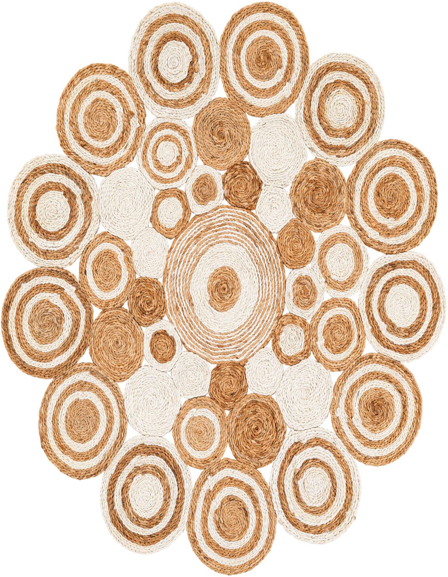 A round, textured rug made of braided natural jute in brown and cream, featuring an abstract pattern of various sized concentric circles.