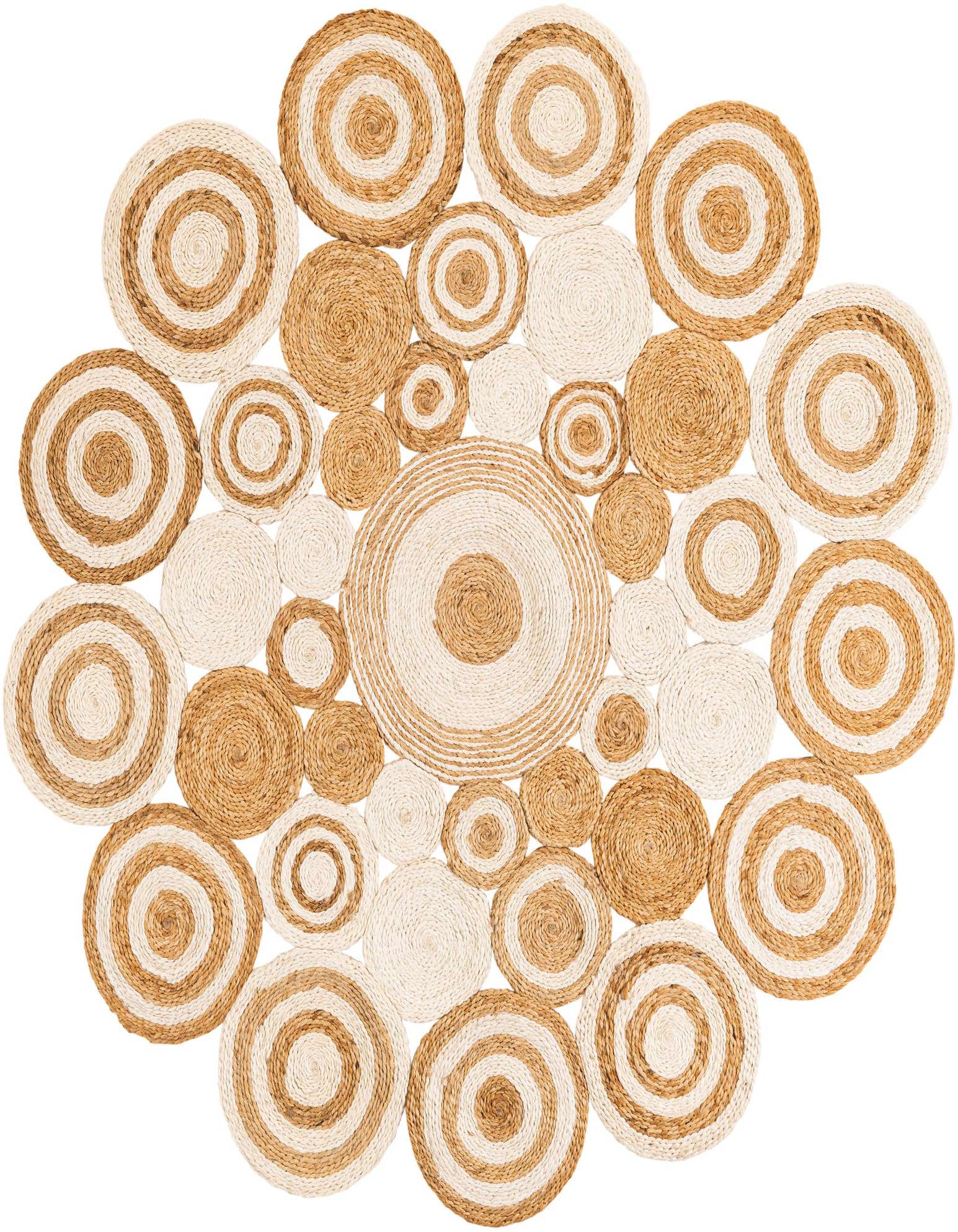 A round Rugs.com Braided Jute rug with an abstract pattern of various sized natural jute and ivory braided circles.