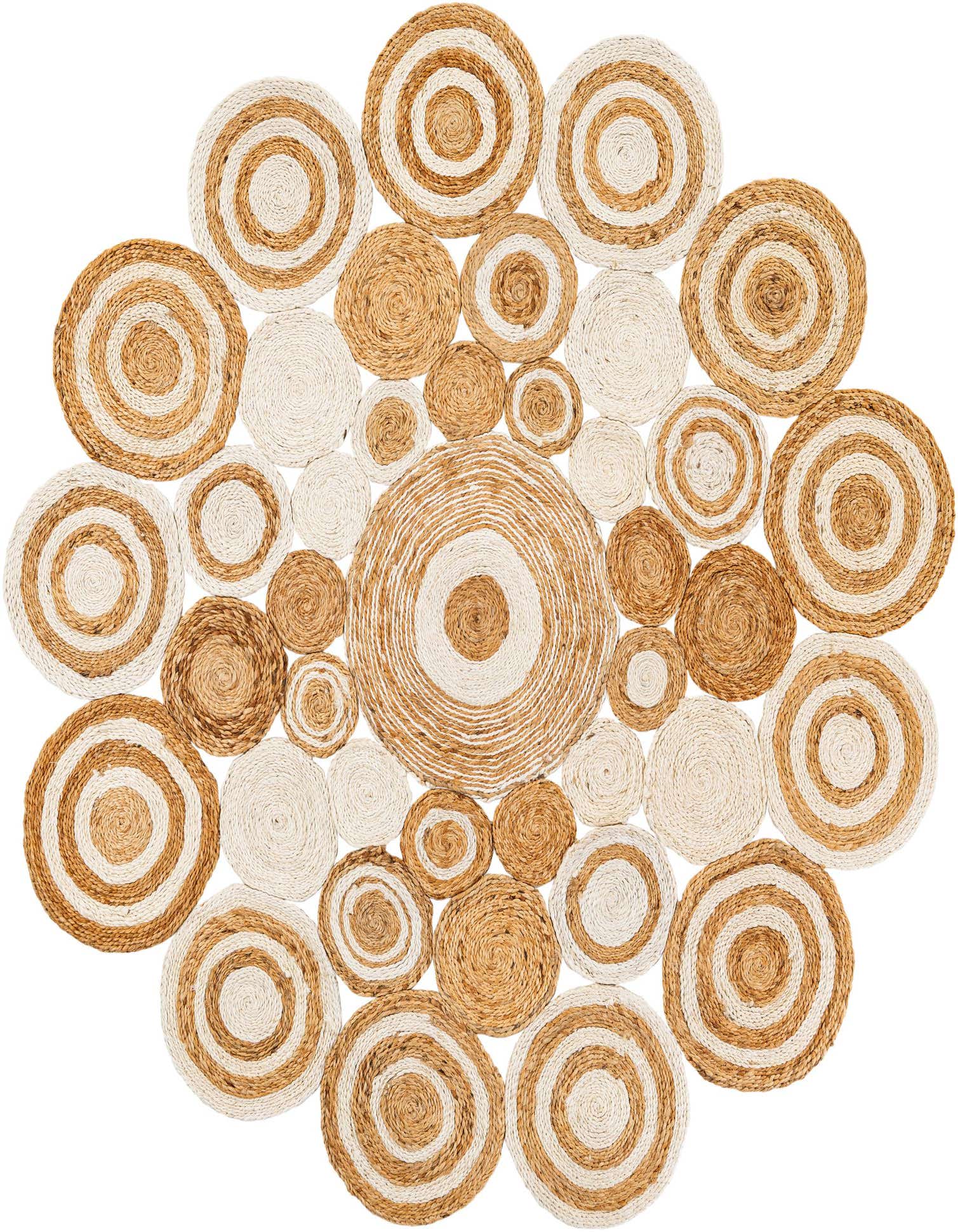 A round natural jute rug featuring an abstract pattern of various sized concentric circles in brown and cream tones.