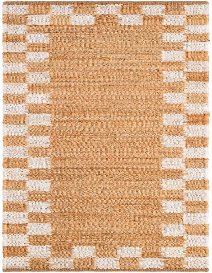 A 6 ft runner rug with a modern checkerboard pattern in natural brown jute and cream white, perfect for hallways.