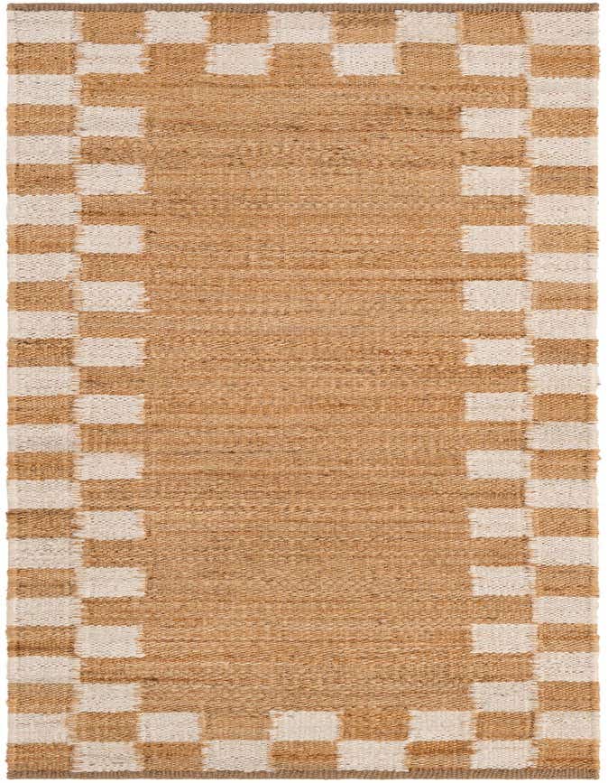 A natural jute runner rug, 8 ft, with a checkered border of tan and cream squares, perfect for a hallway or kitchen.