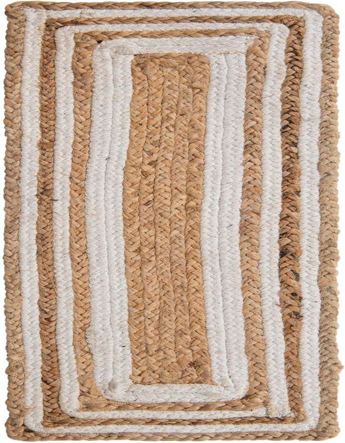 A 0'9" x 2'6" braided jute stair rug featuring alternating stripes of natural brown and ivory, with a textured, flatweave construction.