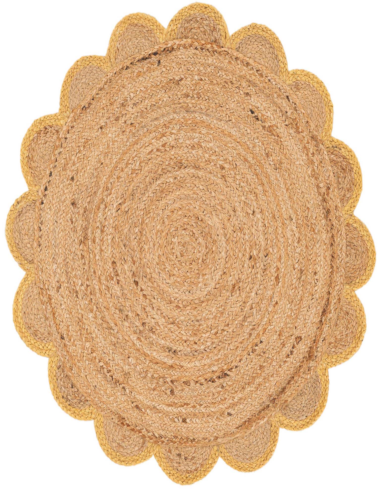Round natural jute rug with a scalloped yellow border, showcasing its braided texture and modern style.