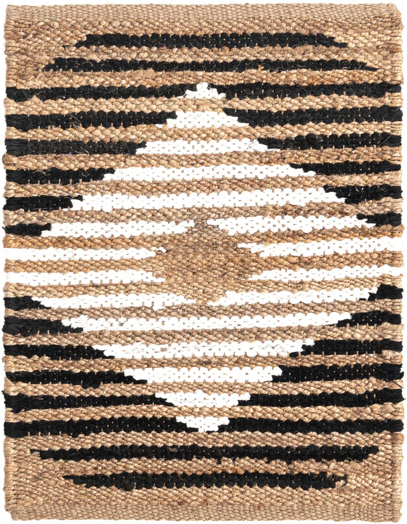 A 2x3 rectangular Chindi Jute rug featuring a natural brown background with black and white horizontal stripes forming a central diamond pattern.
