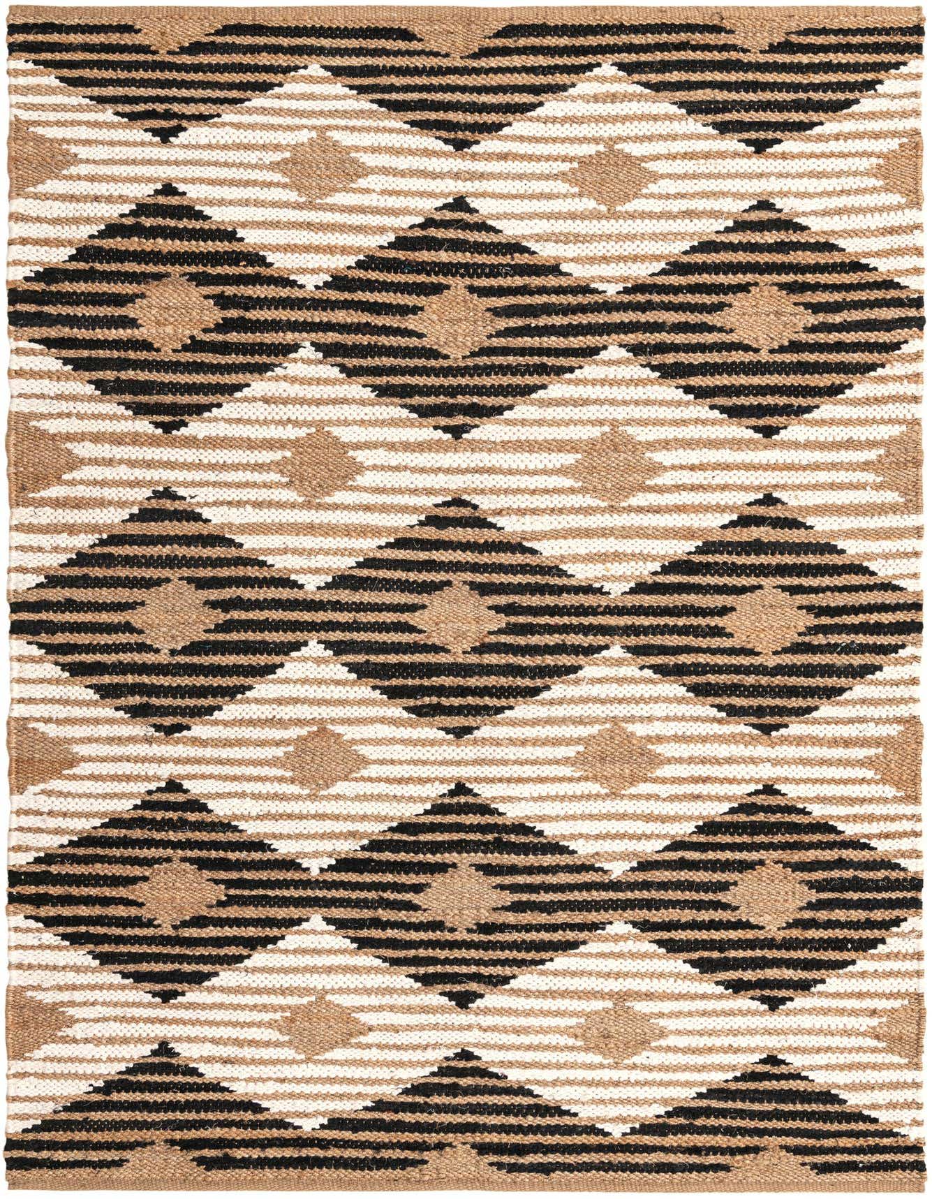 A 6x9 rectangular natural black Southwestern rug with a geometric diamond pattern, handmade from cotton and jute.