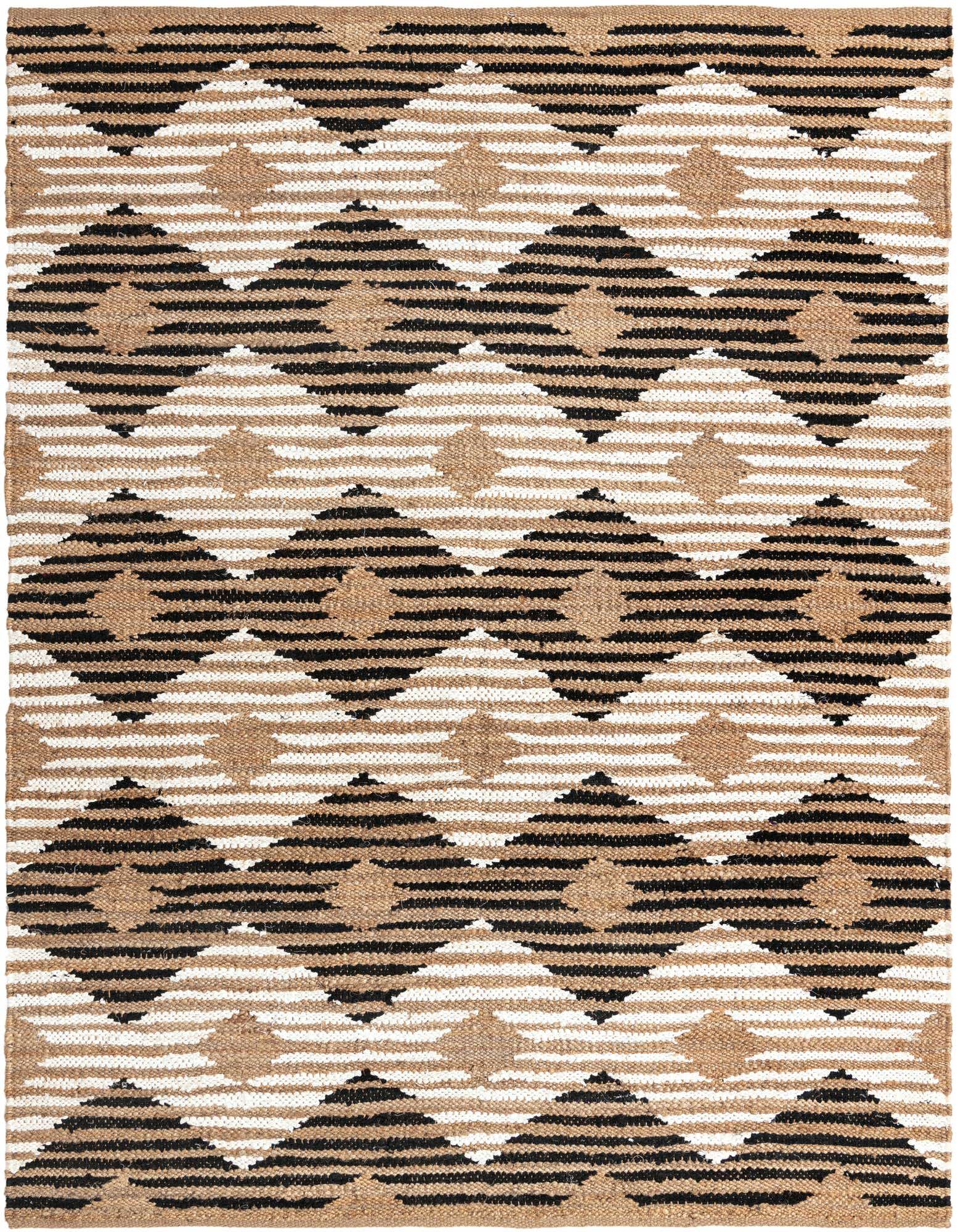 A rectangular 8x10 natural black jute and cotton rug with a Southwestern geometric pattern of striped diamonds.