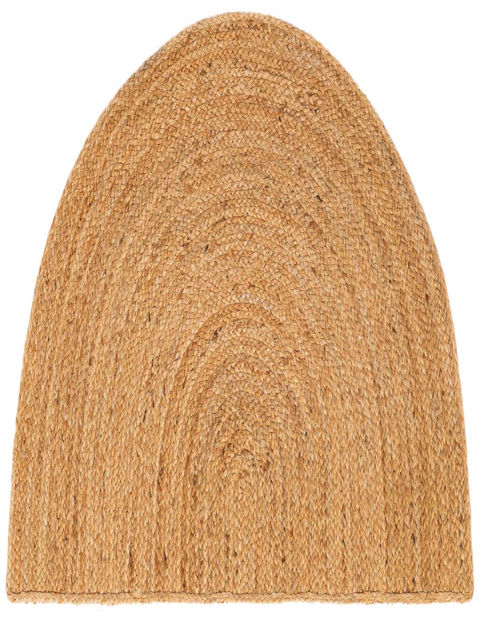 A 2' 7 x 4' 1 hearth-shaped natural jute rug in shades of brown and tan, featuring a braided, textured pattern.