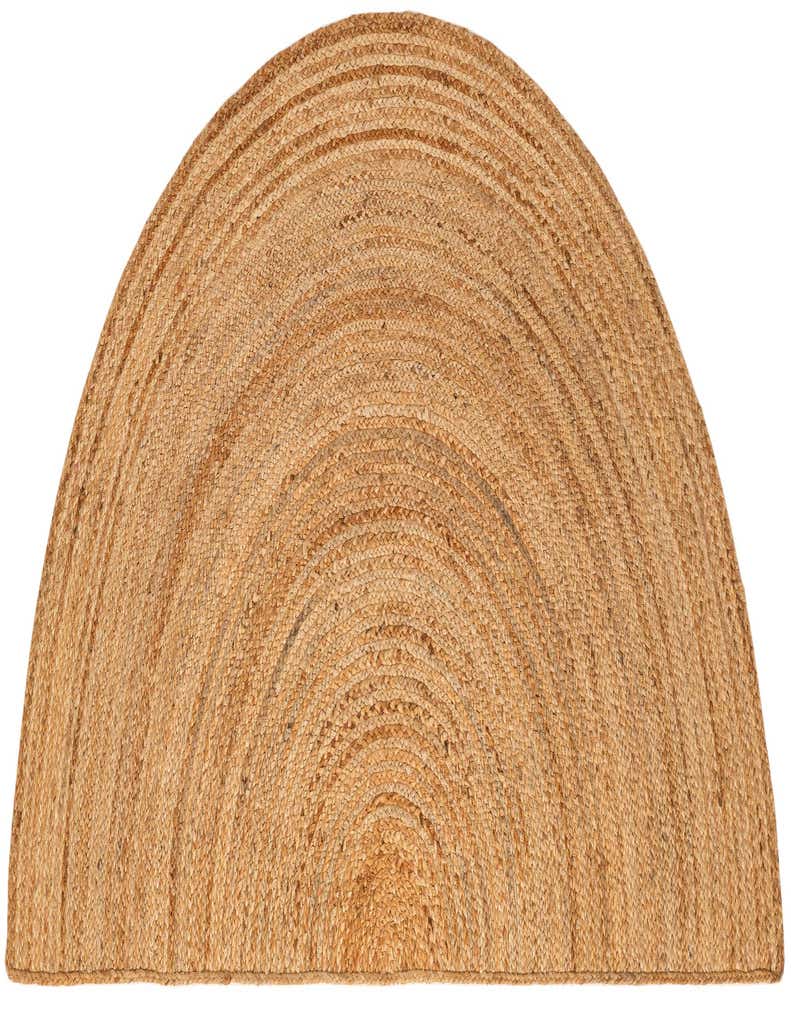 A 3'1" x 6'1" hearth-shaped jute rug in natural brown tones, featuring a textured, braided flatweave.