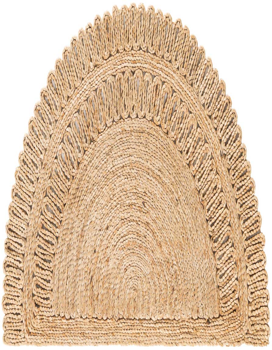A 2' 2 x 3' 7 hearth-shaped natural jute rug with a braided, textured design and scalloped edge.