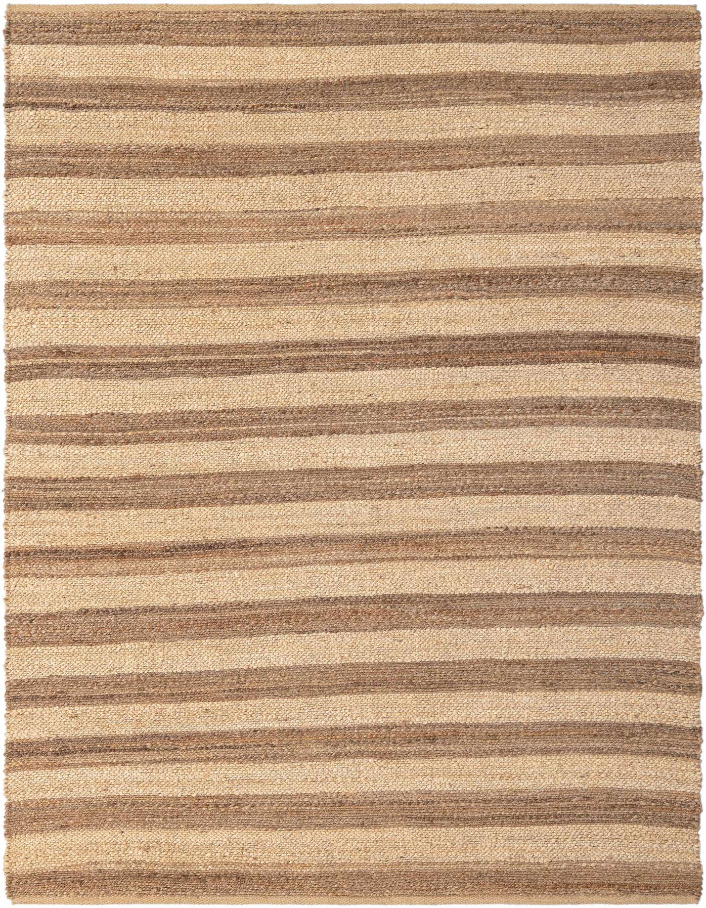 A 6x9 rectangular Braided Jute rug with alternating horizontal stripes of natural brown and light beige, suitable for an indoor living room.
