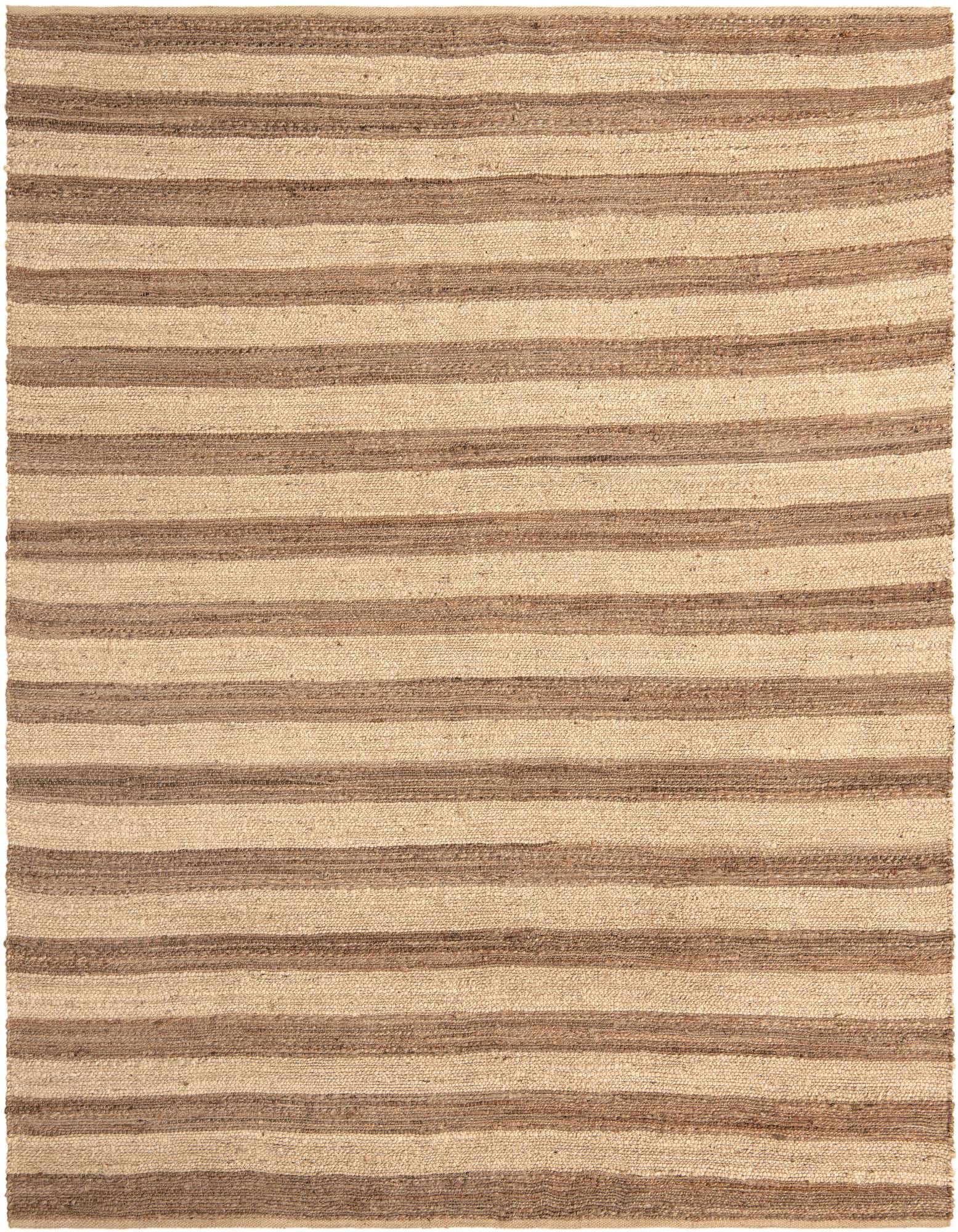 8x10 rectangular braided jute rug with alternating stripes of natural tan and darker brown, suitable for a living room.