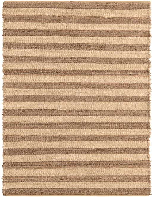 A 10 ft runner rug featuring alternating stripes of natural brown and light tan jute, perfect for a hallway.