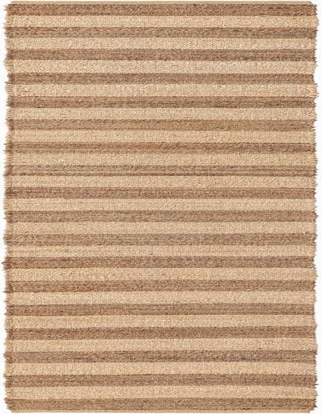 A 12 ft runner rug with alternating horizontal stripes of light tan and natural brown braided jute.