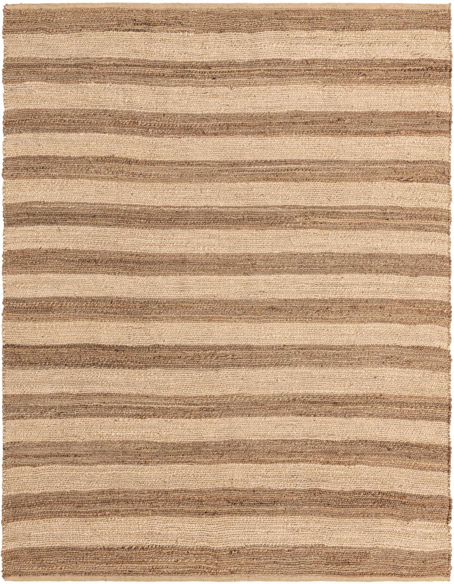 A square 7'10" x 7'10" Braided Jute rug featuring alternating light and dark brown horizontal stripes, ideal for a living room.
