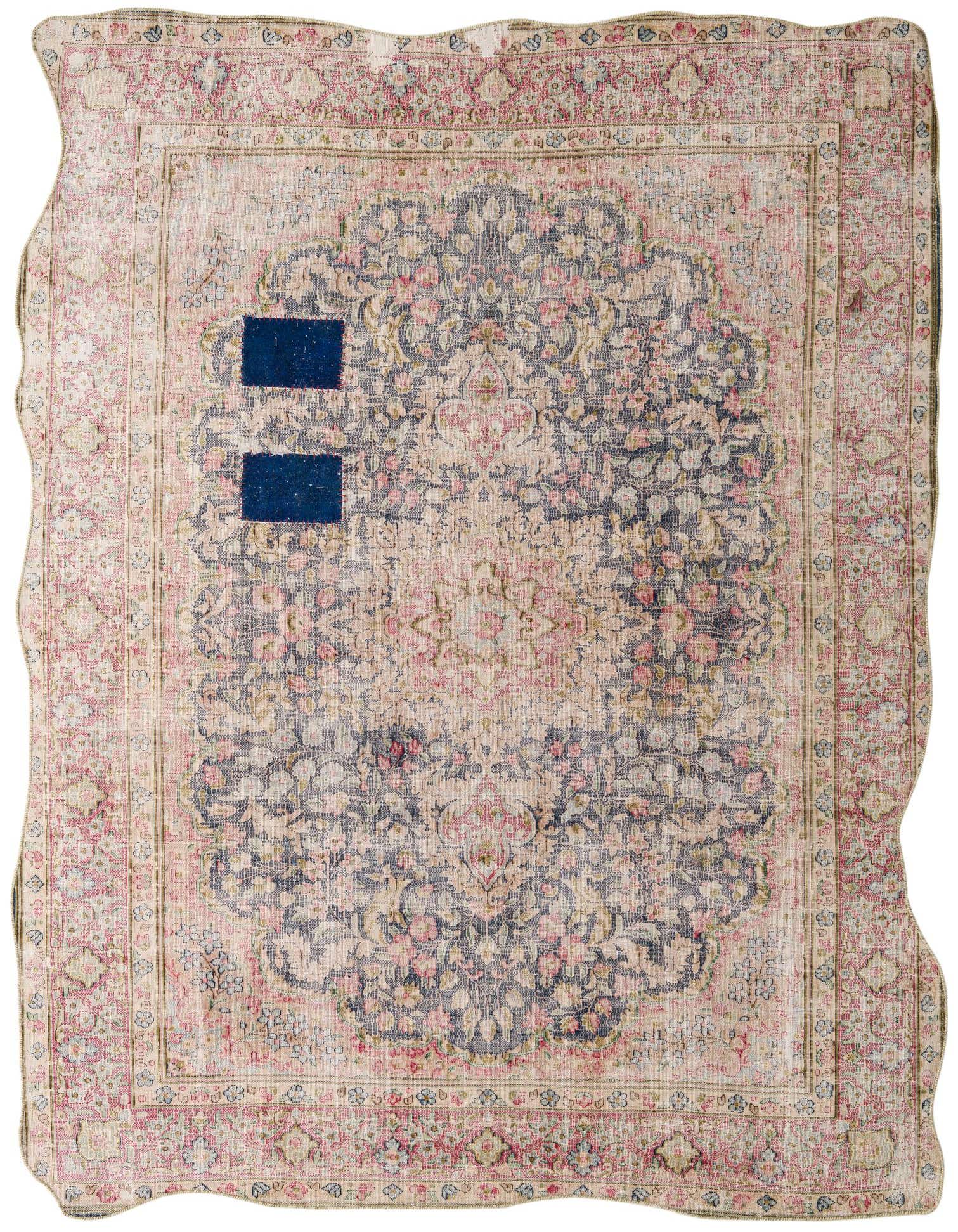 A 9x12 rectangular Ultra Vintage rug with a faded Persian medallion pattern in natural, navy, and pink tones.