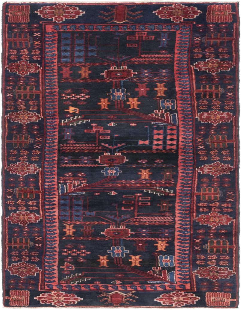 A 10 Ft Runner Hamedan rug featuring a deep navy blue field with intricate red, blue, and orange tribal Persian patterns and a detailed border.