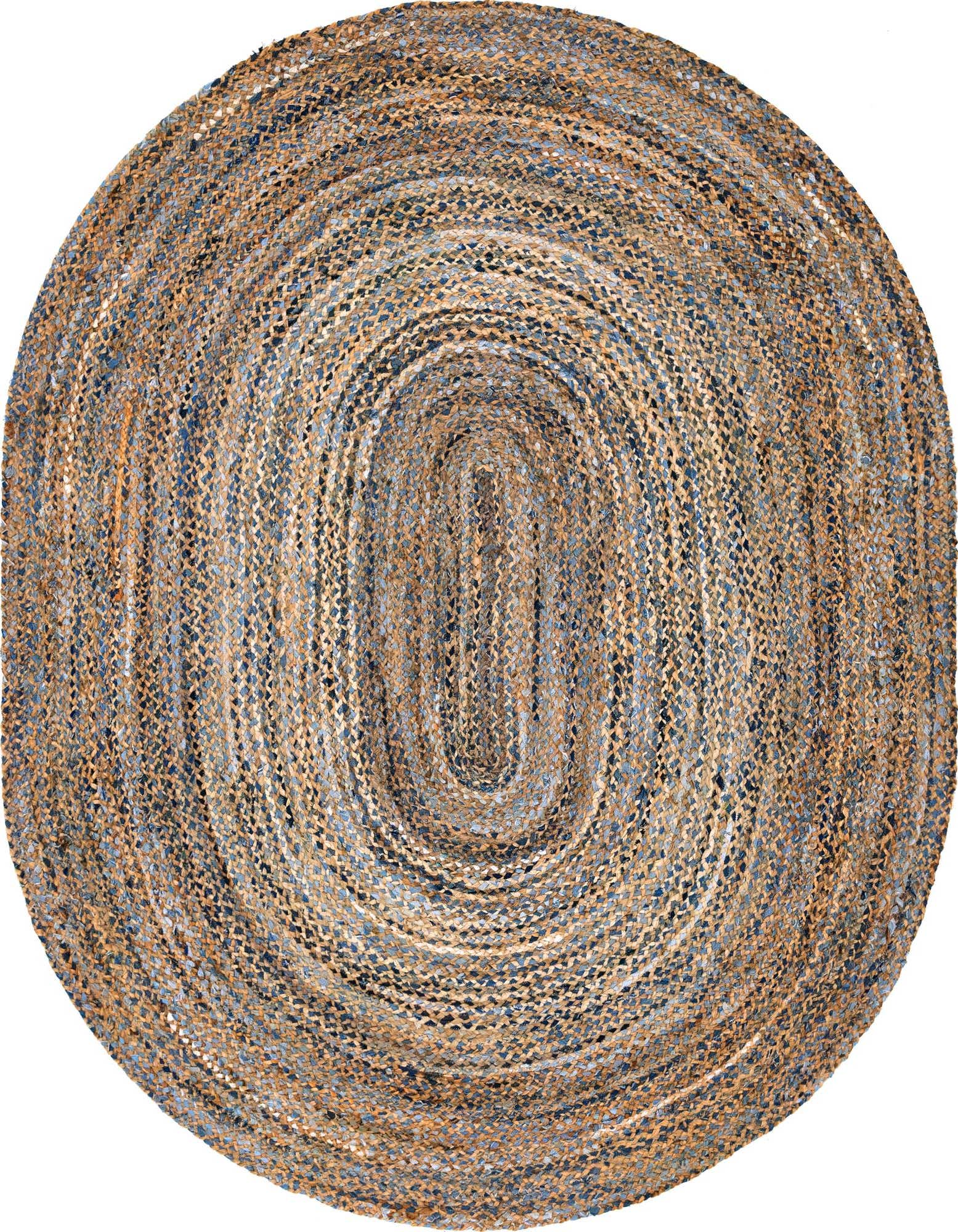 An 8'x10' oval braided rug in natural brown jute and blue denim, showcasing a textured, eco-friendly design.