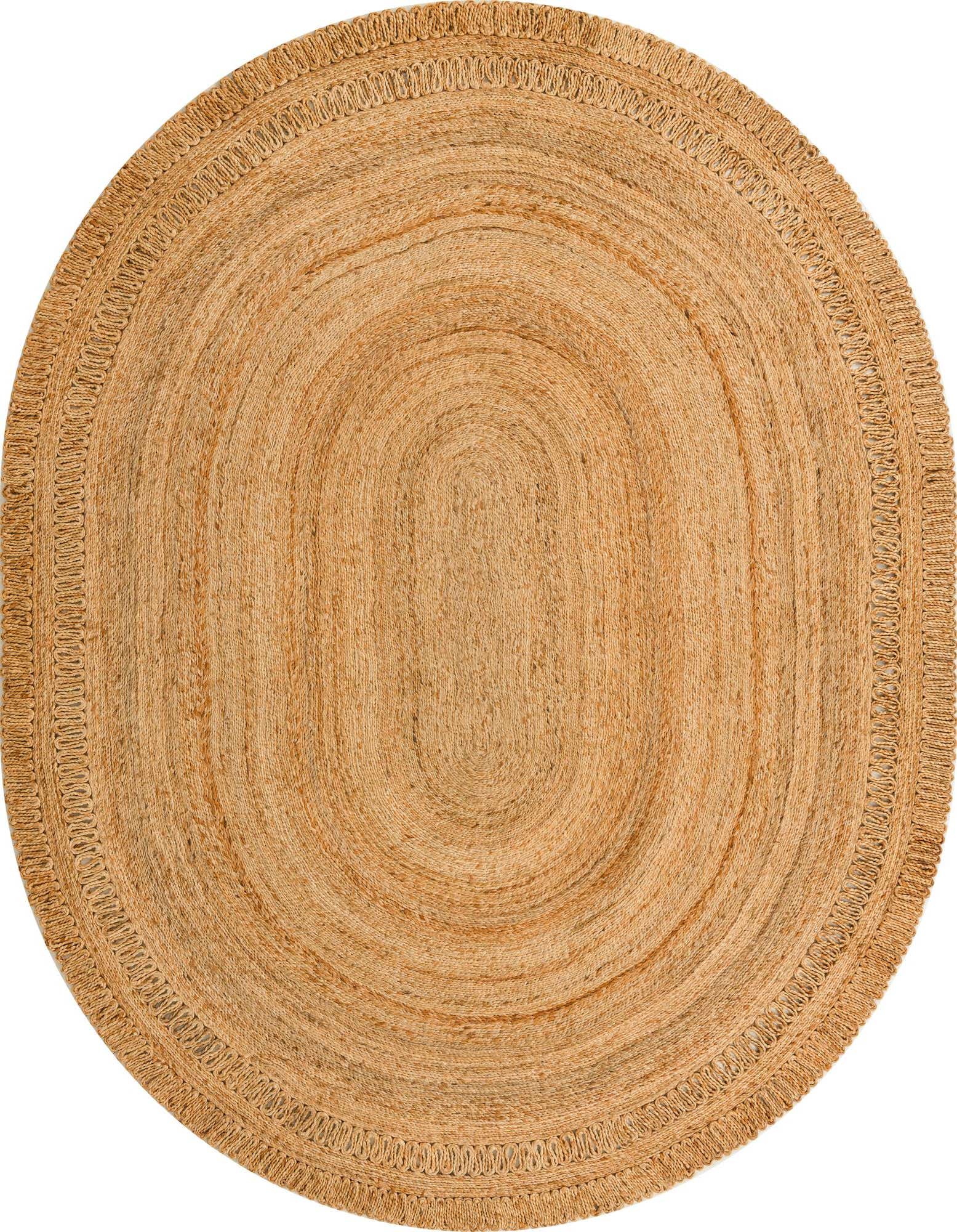 A 7' 10 x 10' 0 oval jute rug in natural brown and tan tones, featuring a braided texture and solid pattern.