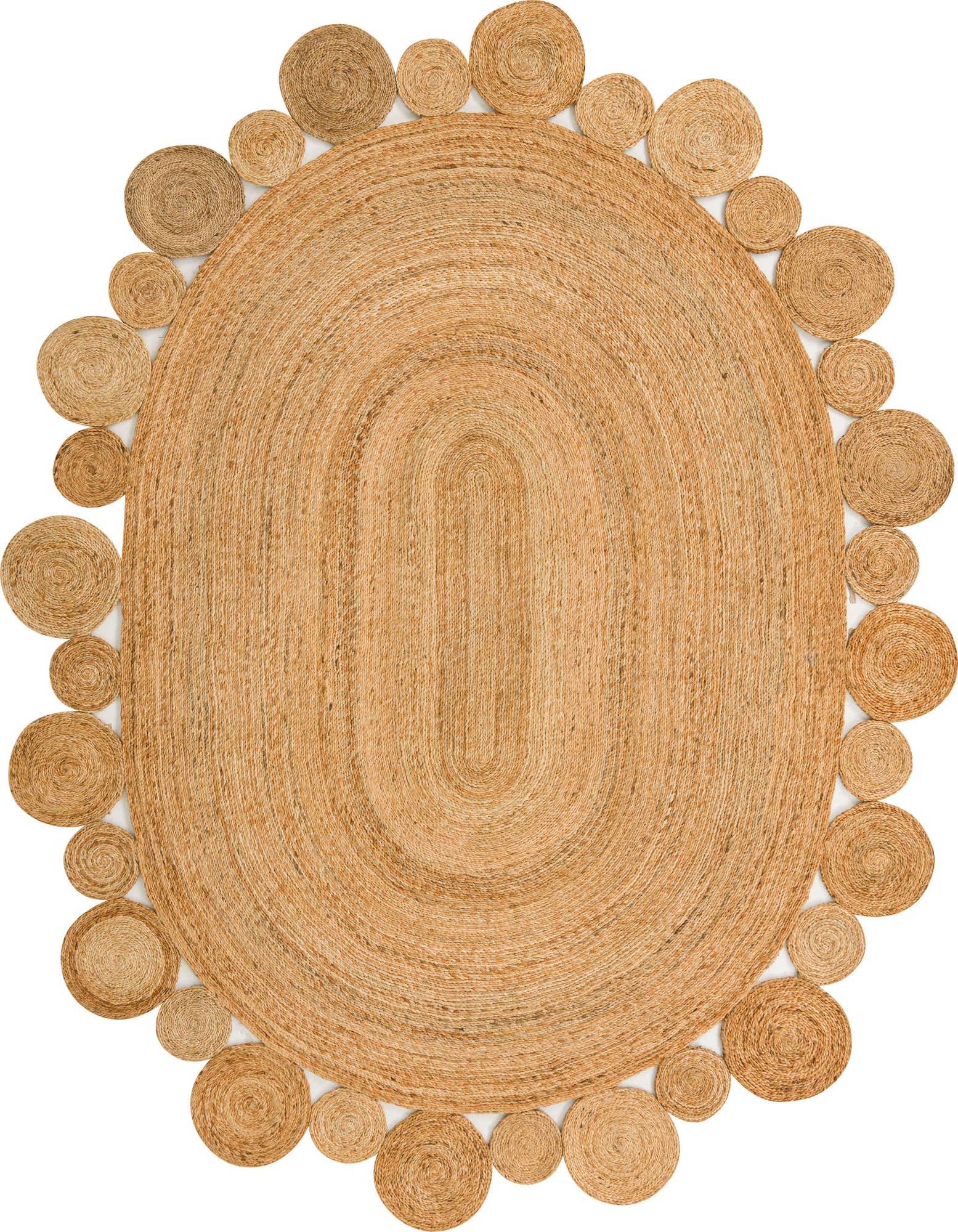A large oval natural jute rug with a textured braided center and a decorative border of varying sized circular jute accents.