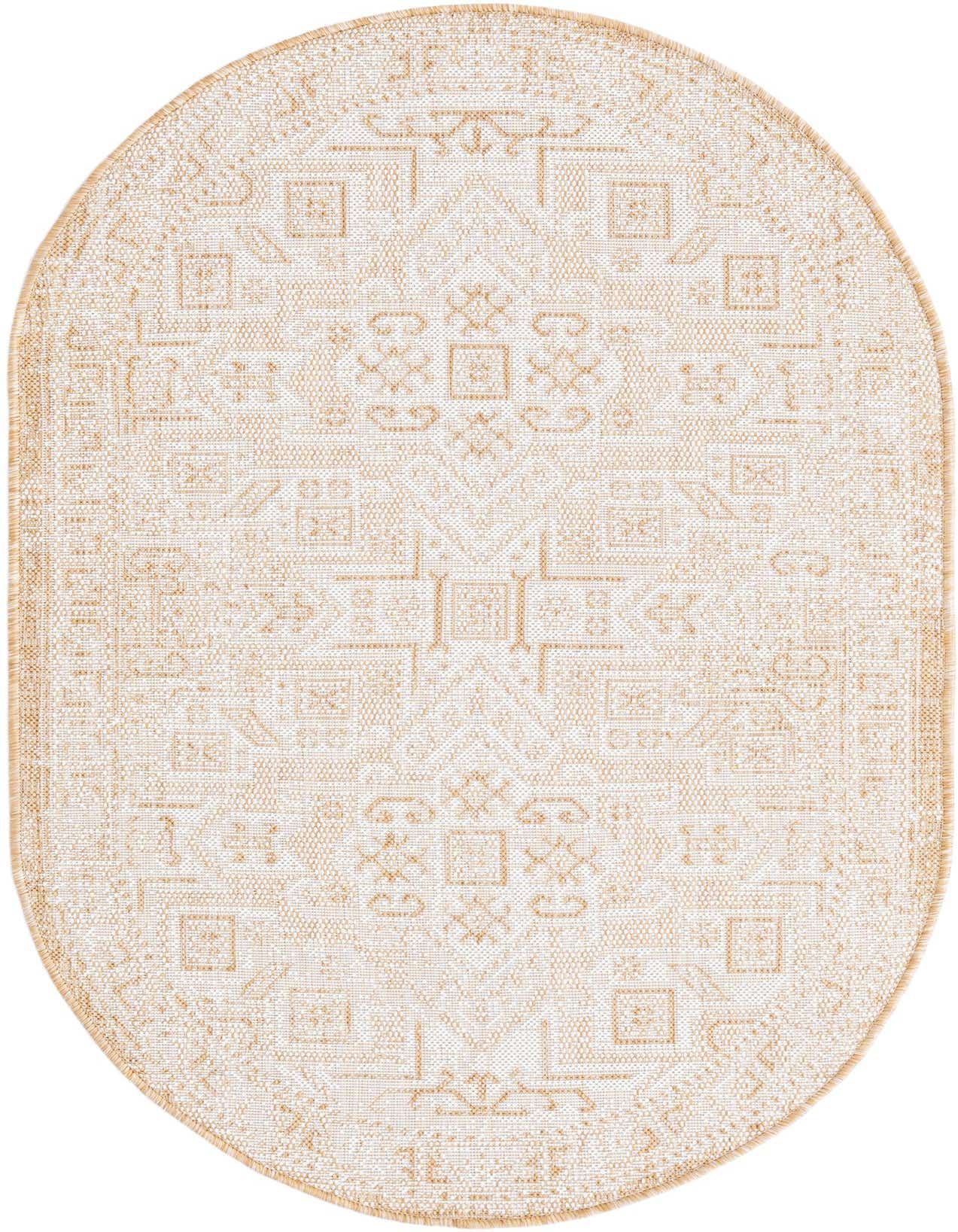 An oval 3' x 5' brown and ivory tribal flatweave rug, ideal for indoor or outdoor use.