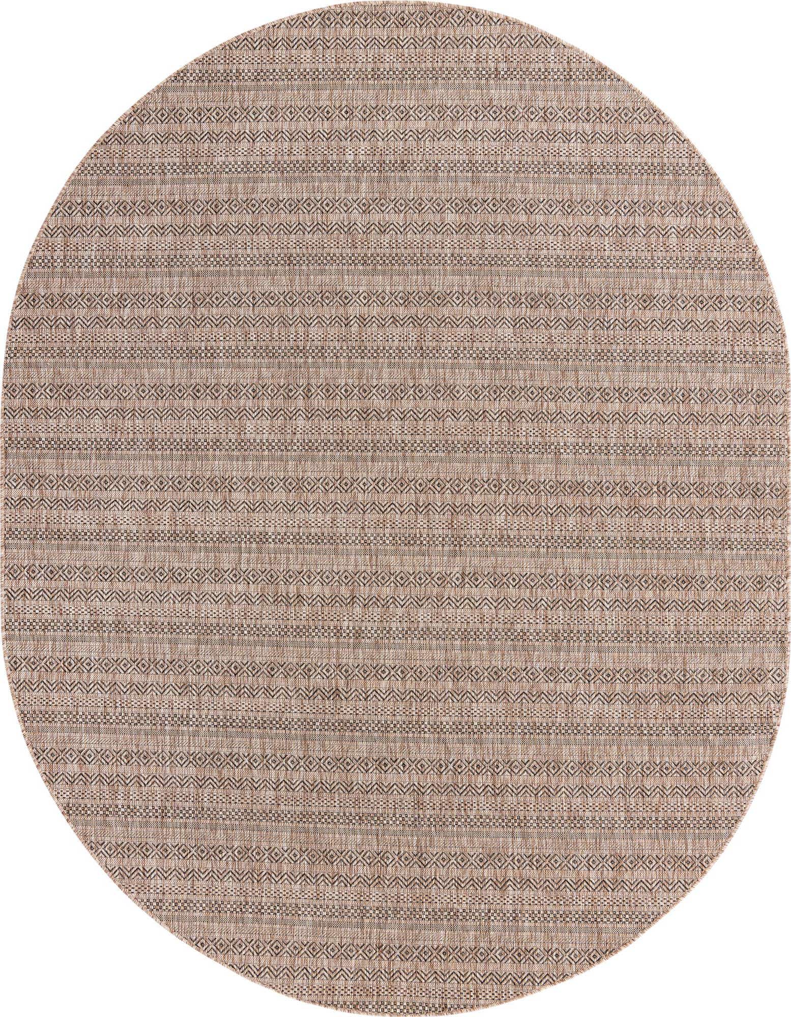 An oval brown and tan flatweave rug with a subtle tribal pattern, suitable for indoor or outdoor use.