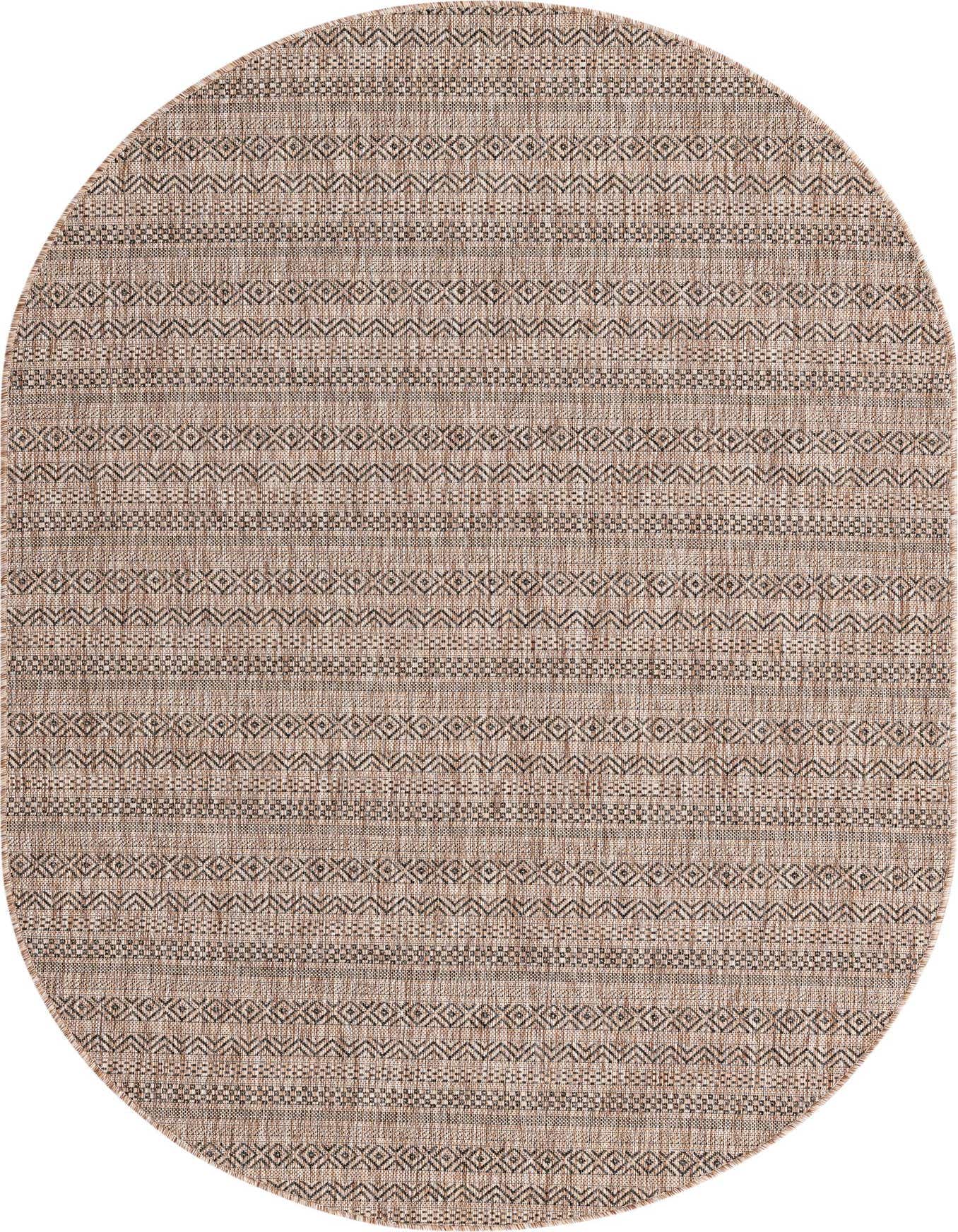An oval 5'3" x 8'0" brown and tan flatweave rug with a tribal geometric pattern, suitable for indoor or outdoor use.