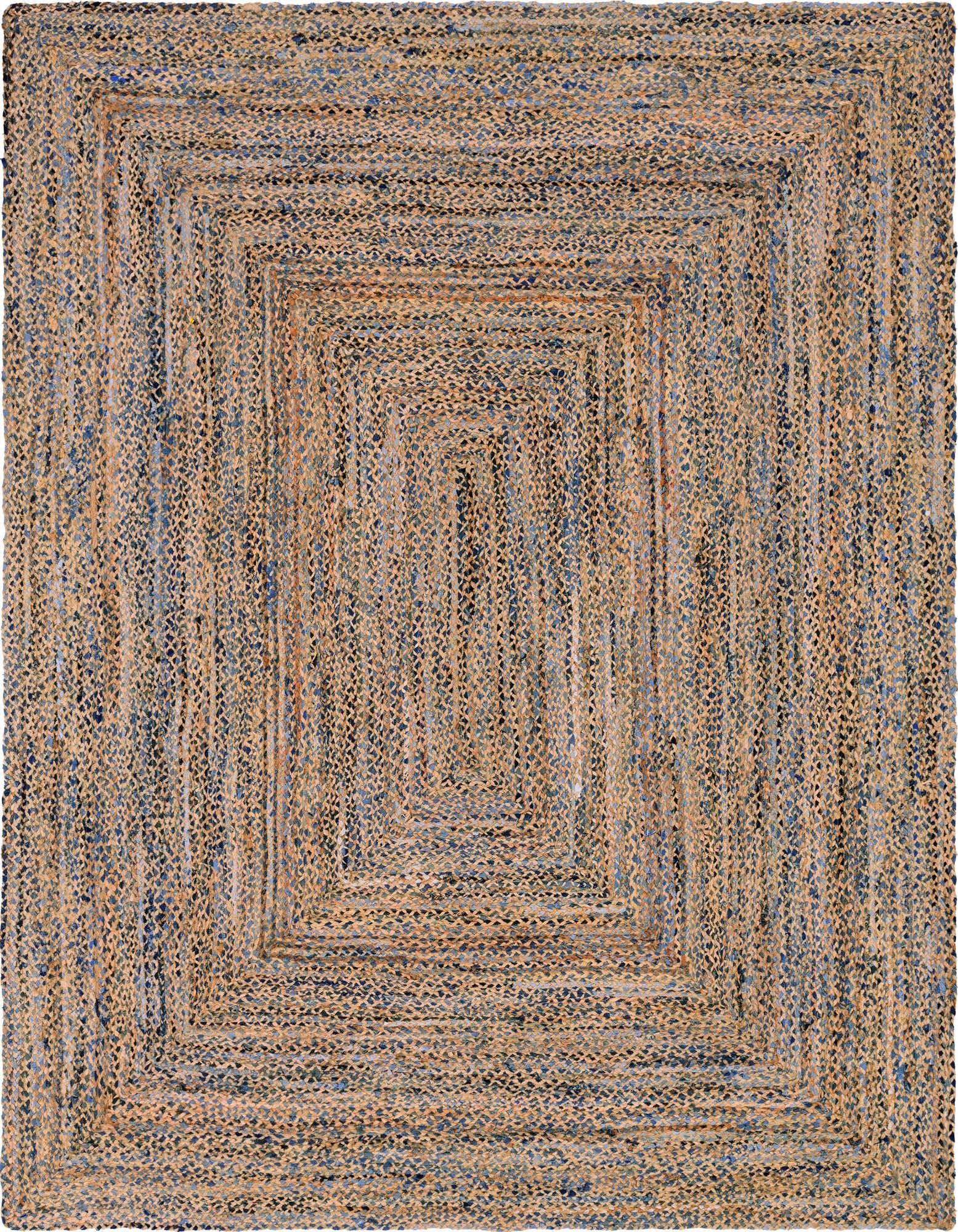 A 10x13 rectangular Braided Chindi rug featuring a natural jute and denim cotton blend in browns, tans, and blues, with a textured, flatweave construction.