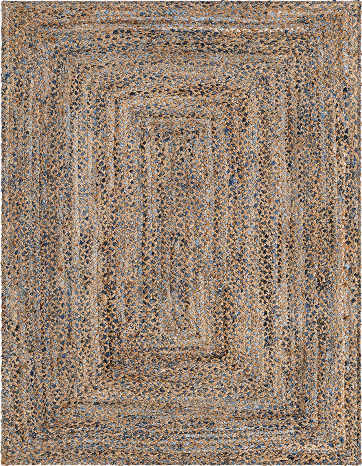A 5x8 rectangular Braided Chindi rug featuring a natural brown jute and denim cotton blend with an eclectic, textured flatweave.