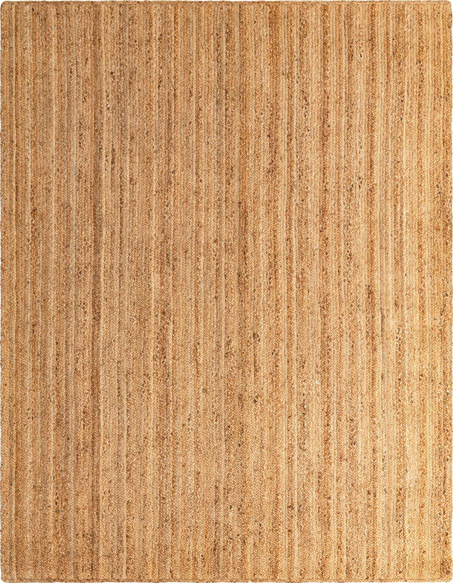 A rectangular 8x10 natural jute rug with vertical braided stripes in varying shades of brown and tan.