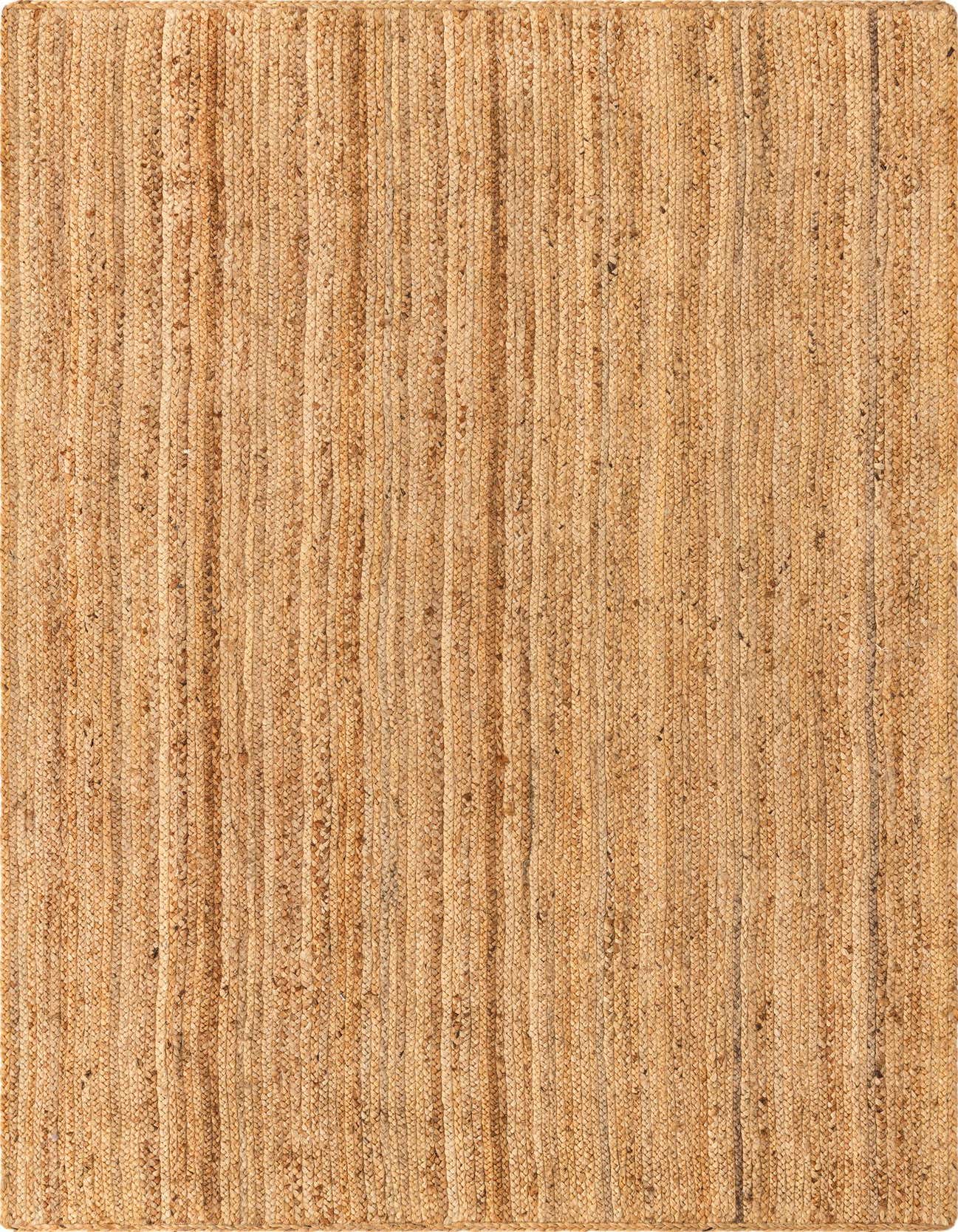 A 5x8 rectangular Braided Jute Luxe rug in natural brown and tan tones, featuring a textured, flatweave construction.