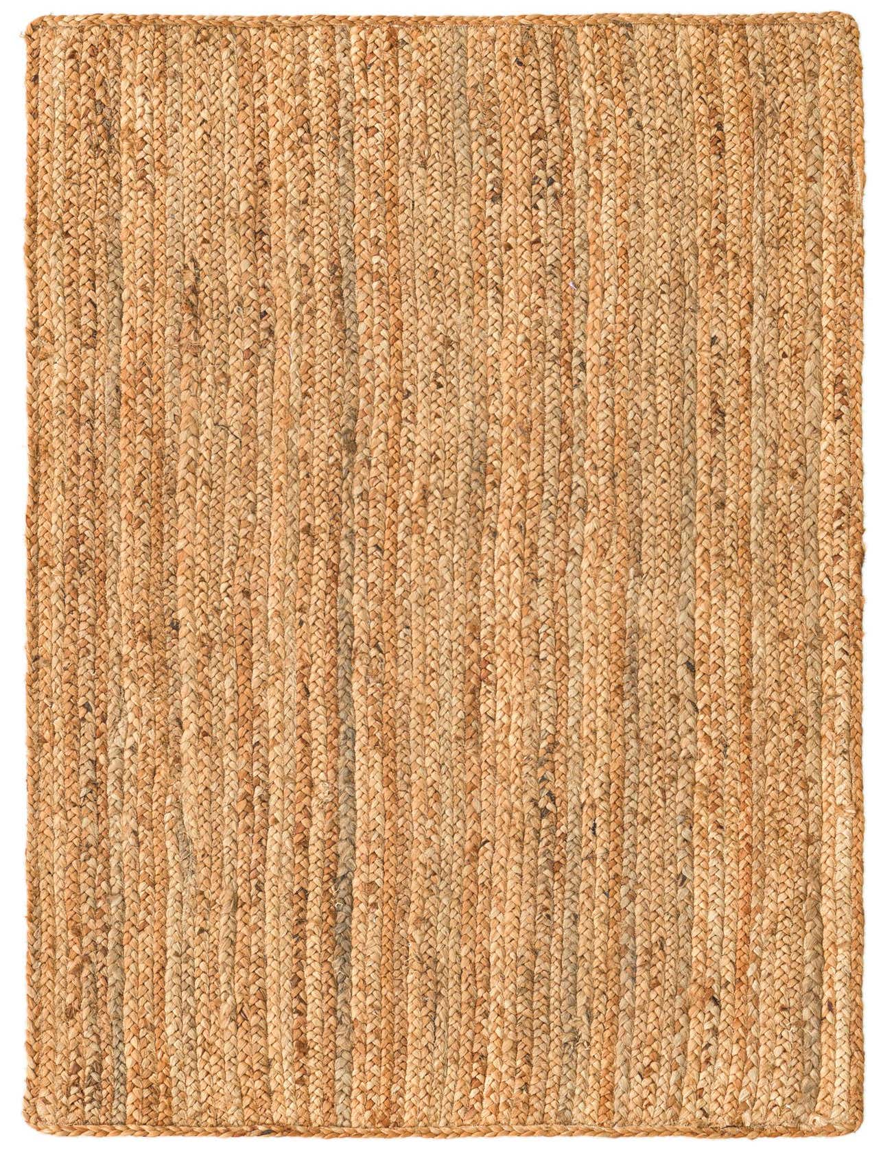 A rectangular 3x5 natural braided jute area rug in varying shades of brown and tan, showcasing its textured, flatweave construction.