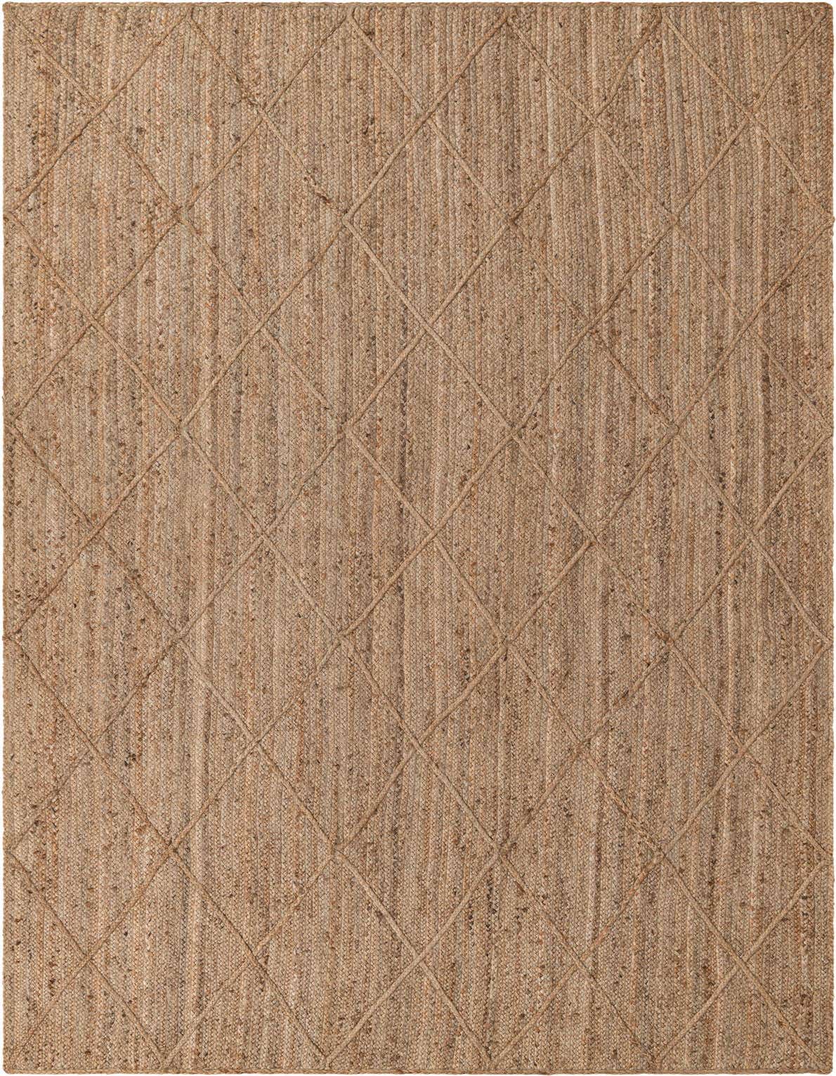 A rectangular 8x12 natural jute area rug with a braided texture and a subtle diamond pattern, perfect for a modern living space.