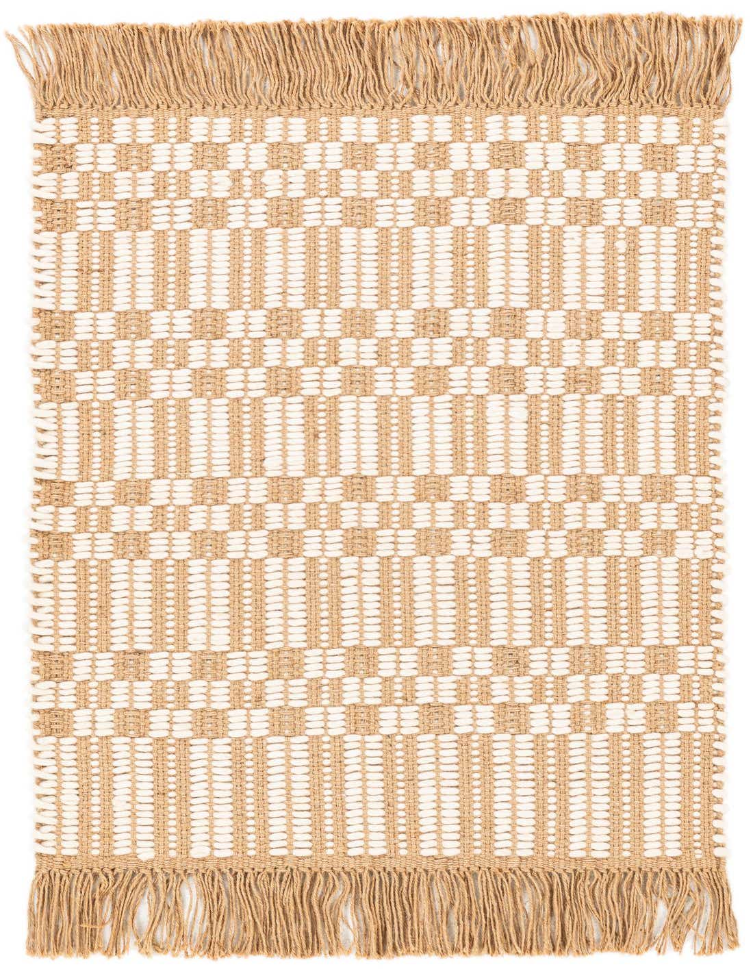 A 2x3 rectangular Braided Jute rug with a modern natural pattern in brown and ivory, featuring fringed ends.