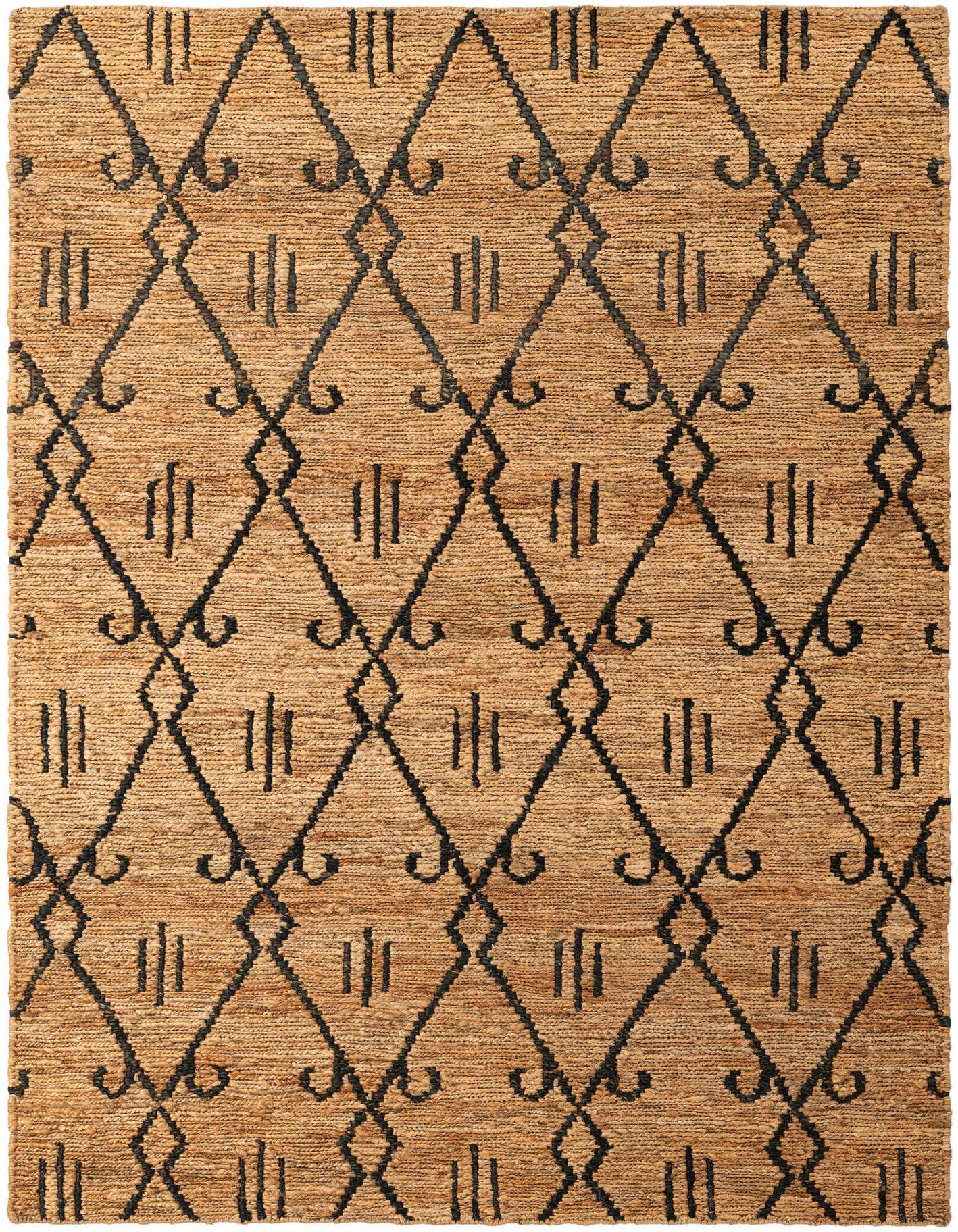 A 5x7 rectangular jute rug with a natural brown and tan braided texture, featuring a modern black diamond and line pattern.