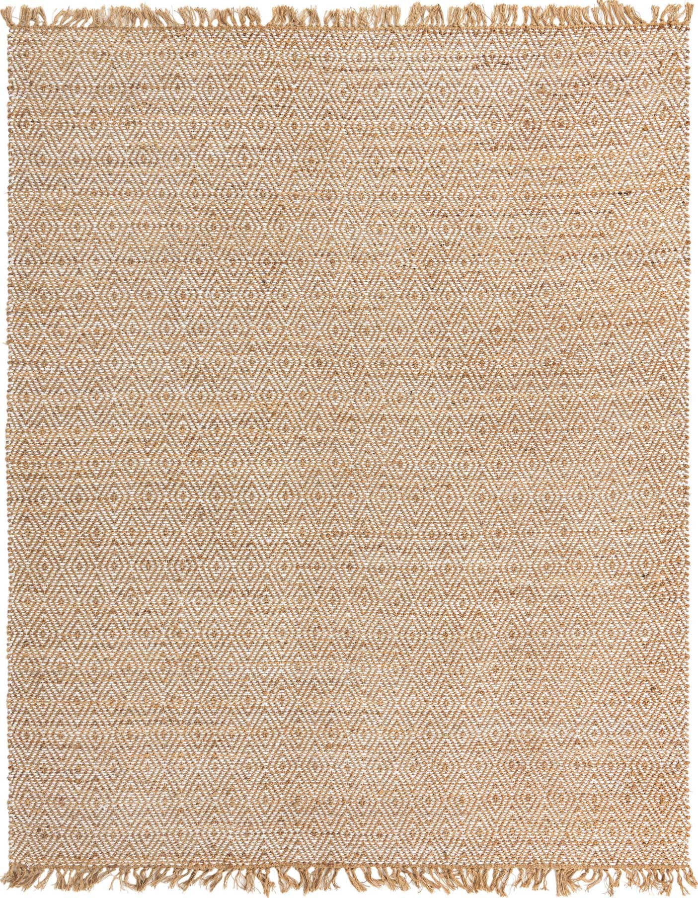 A 9x12 rectangular Braided Jute rug in natural brown and ivory with a diamond pattern and fringed edges, suitable for a living room.