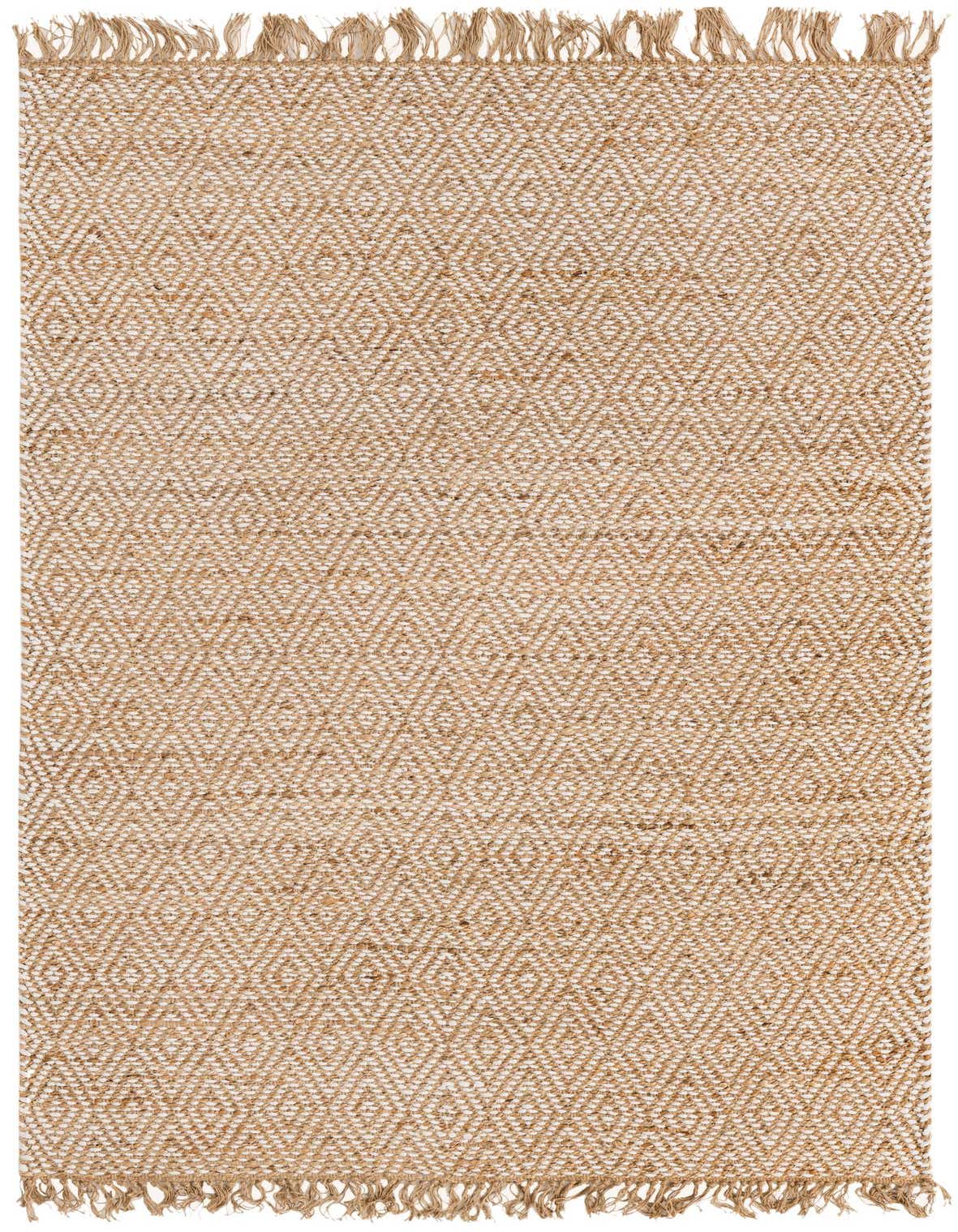 A 5x8 rectangular Braided Jute rug in natural brown and ivory, featuring a textured diamond pattern and fringed edges.