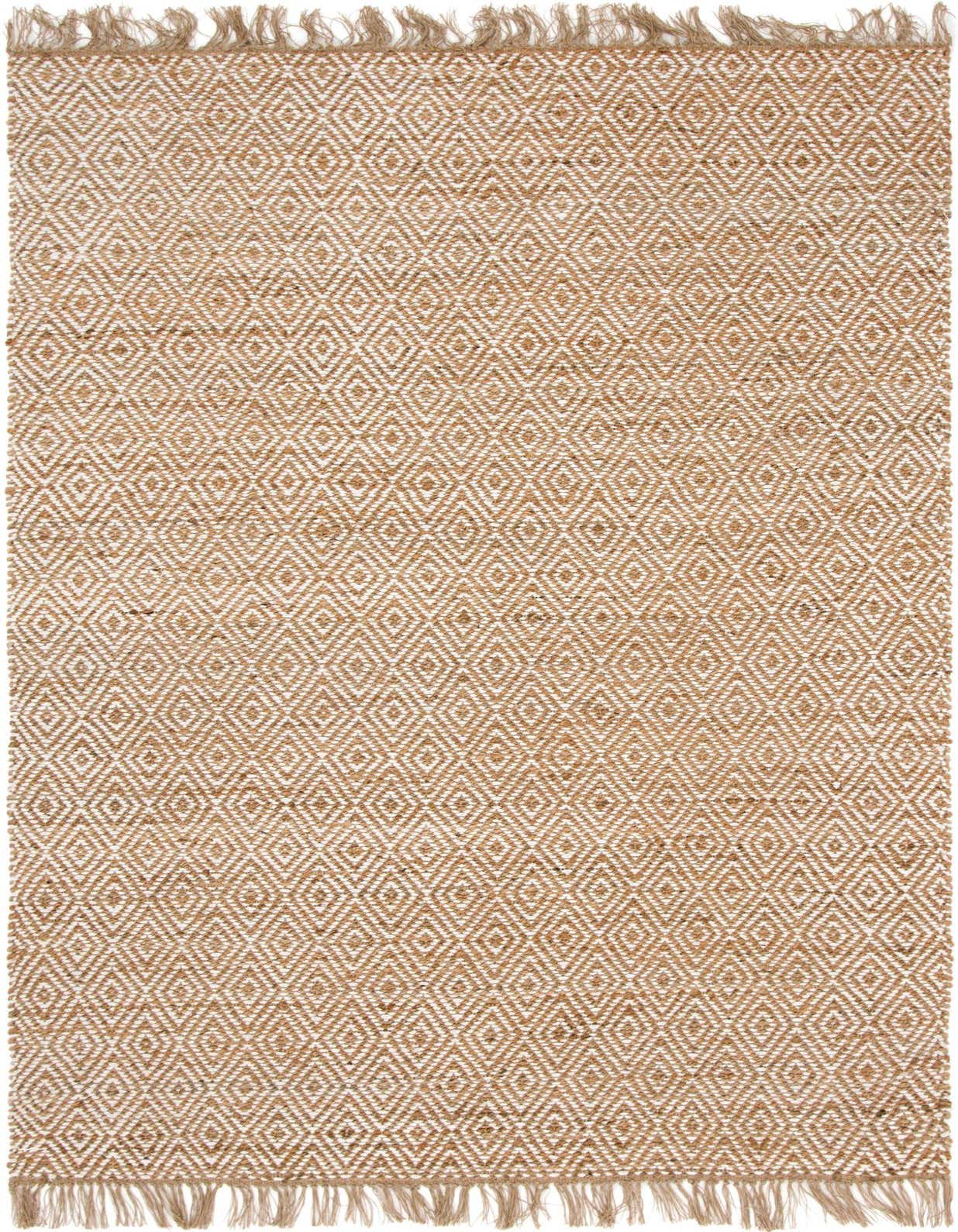 A 6x9 rectangular natural jute and cotton rug with a diamond pattern in brown and ivory, featuring fringed edges.